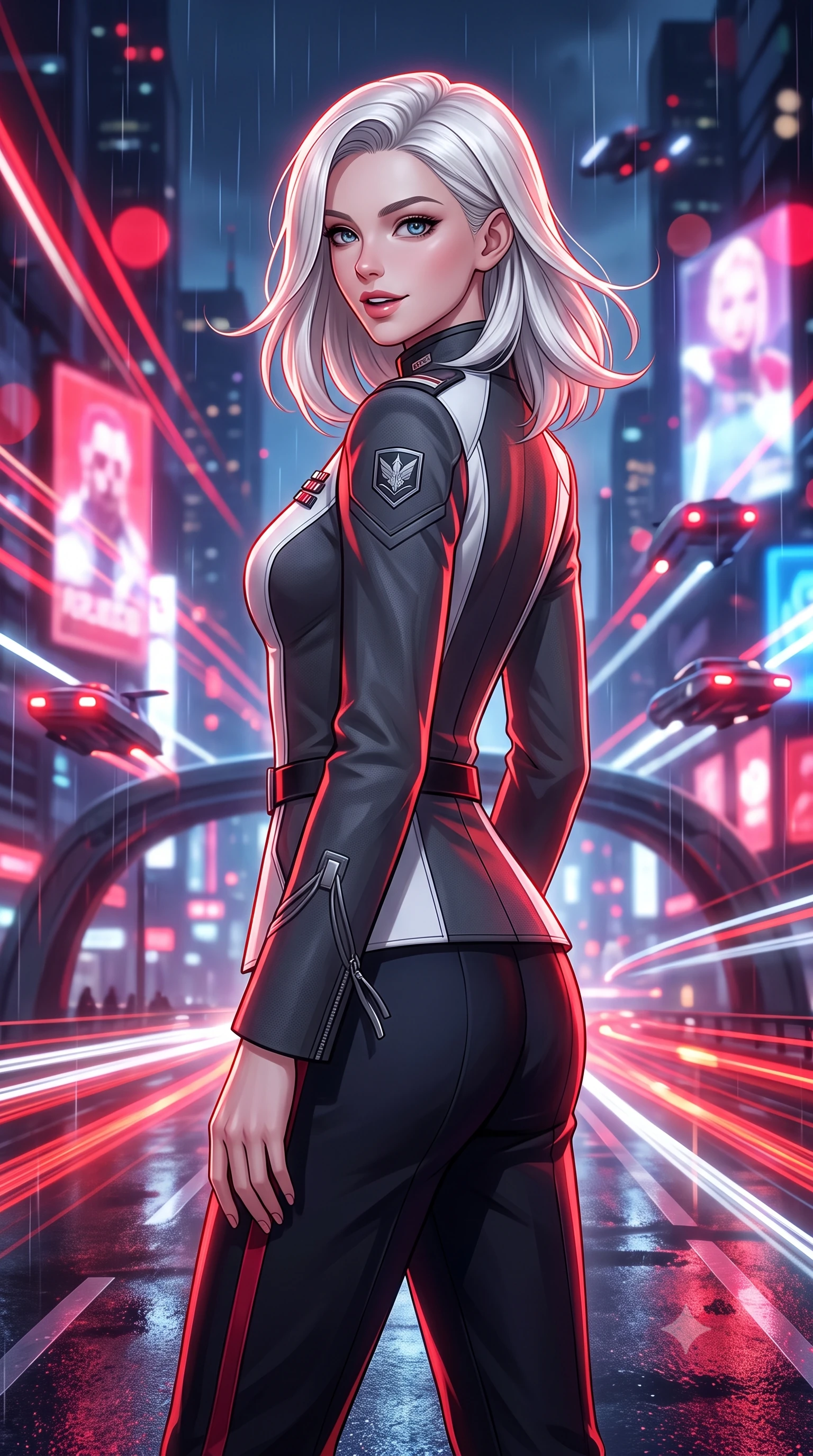 score_9, masterpiece, best quality, ultra-detailed, high-budget anime keyframe, semi-realistic 3D game render, editorial fashion photography, tasteful artistic composition, Caucasian woman. close-up cowboy shot from the waist and thighs up, the character dominates the composition, filling the frame with her large presence. posing in an alluring rear three-quarter angle, looking over a bare shoulder with parted glossy lips, her hips cocked back to highlight her slim hourglass curve while twisting her slender torso in an alluring contrapposto stance, long red and white aerocar light trails creating streaks of brilliance across her narrow waist and hips. The background shows a soft-focus streaks of multi-tiered flying car headlights, massive 3D anime holographic billboards, and rain-slicked highway arches blurred into ruby, white, and electric blue bokeh. She has an exceptionally elegant, slender, and willowy female figure with an ultra-slim waist, flat toned midriff, narrow ribcage, and sculpted feminine hips creating an alluring, slim hourglass silhouette without bulk. sharp v-shaped jawline, high-bridge nose, intricate jewel-like sparkling eyes with depth, thick eyelashes, glossy parted lips with a natural peach sheen, bright cheerful beaming smile with an enchanting and coquettish sensual glint, exuding both youthful cute charm and seductive allure, flawlessly proportioned anatomical accuracy, strict slender model proportions, natural body alignment, perfectly sculpted long slender limbs, ultra-slim waistline, clean dynamic posture without body distortion. wearing a tailored orbital colony command uniform in dark grey and white paneling with rank insignia pins and tailored straight-leg trousers in Star-Fortress obsidian black and imperial crimson, tailored from high-density tech-wool with subtle metallic thread weave, finished with sleek magnetic buckle closures fluttering in the breeze, the bespoke structured tailoring following the natural line of her 8.5-heads silhouette with refined elegance. illuminated by wet concrete reflection bounce and sharp ruby-white rim lights sculpting her jawline, narrow waist, and curvy hips. highly saturated vibrant anime colors, detailed shading with soft gradients, rich glossy textures, high-contrast stereoscopic depth, volumetric dynamic lighting, master piece, 9:16 ratio