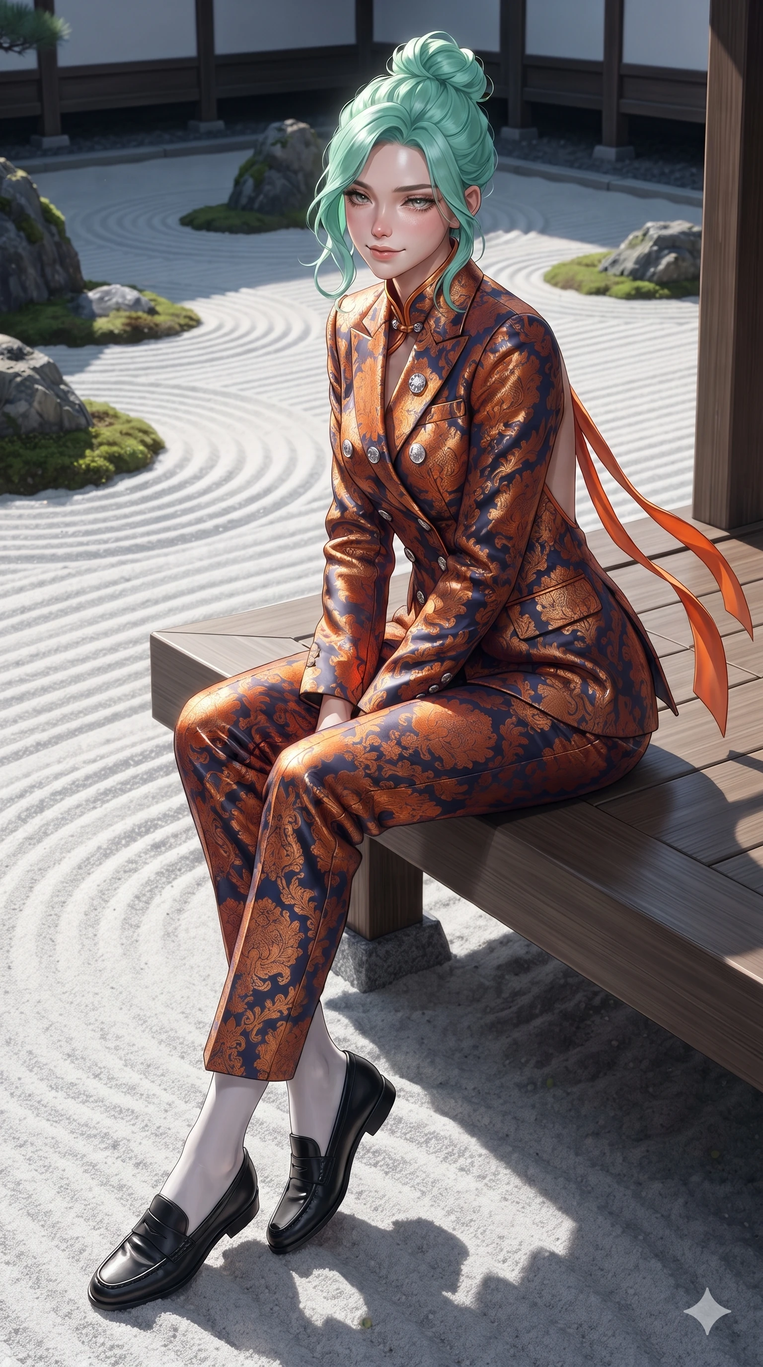 score_9, masterpiece, best quality, ultra-detailed, high-budget anime keyframe, editorial fashion photography, tasteful artistic composition, Japanese woman. close-up cowboy shot from the waist and thighs up, the character dominates the composition, filling the frame with her large presence. smiling with quiet, magnetic self-assurance directly into the camera, her sculpted waistline catching specular moonbeam highlights while sitting poised on the raised wooden gallery edge with legs dangling over the white sand ripples, casting an intoxicating, heavy-lidded gaze. The surrounding environment is rendered in vivid detail and crisp panoramic clarity: detailed modern boned hanbok bustier tailoring, micro-pleated skirt drape, and traditional garden craft in razor-sharp precision. She has an exceptionally elegant, slender, and willowy female figure with an ultra-slim waist, flat toned midriff, narrow ribcage, and sculpted feminine hips creating an alluring, slim hourglass silhouette without bulk. sharp v-shaped jawline, high-bridge nose, sparkling eyes with hypnotic seductive depth, thick curled eyelashes, glossy parted lips with a natural dewy peach sheen, alluring bedroom-eyes with an enchanting coquettish smile, exuding magnetic siren charisma and sophisticated glamour, flawlessly proportioned anatomical accuracy, strict slender model proportions, natural body alignment, perfectly sculpted long slender limbs, ultra-slim waistline, clean dynamic posture without body distortion. wearing a tailored double-breasted silk brocade pantsuit with mandarin collar and mother-of-pearl dragon crest buttons in sunset tangerine orange and deep navy indigo, tailored from heavy double-faced silk faille with an exceptionally fluid drape, finished with long silk ribbon ties fluttering down her bare spine from a backless halter, the bespoke structured tailoring following the natural line of her 8.5-heads silhouette with refined elegance. bathed in the blinding, crisp 5500K silver light of the full moon reflecting off white sand. ultra-reflective glossy finish, specular highlights, rich textural contrasts, high-contrast stereoscopic depth, volumetric dynamic lighting, 2k, ultra detail, master piece, 9:16 ratio