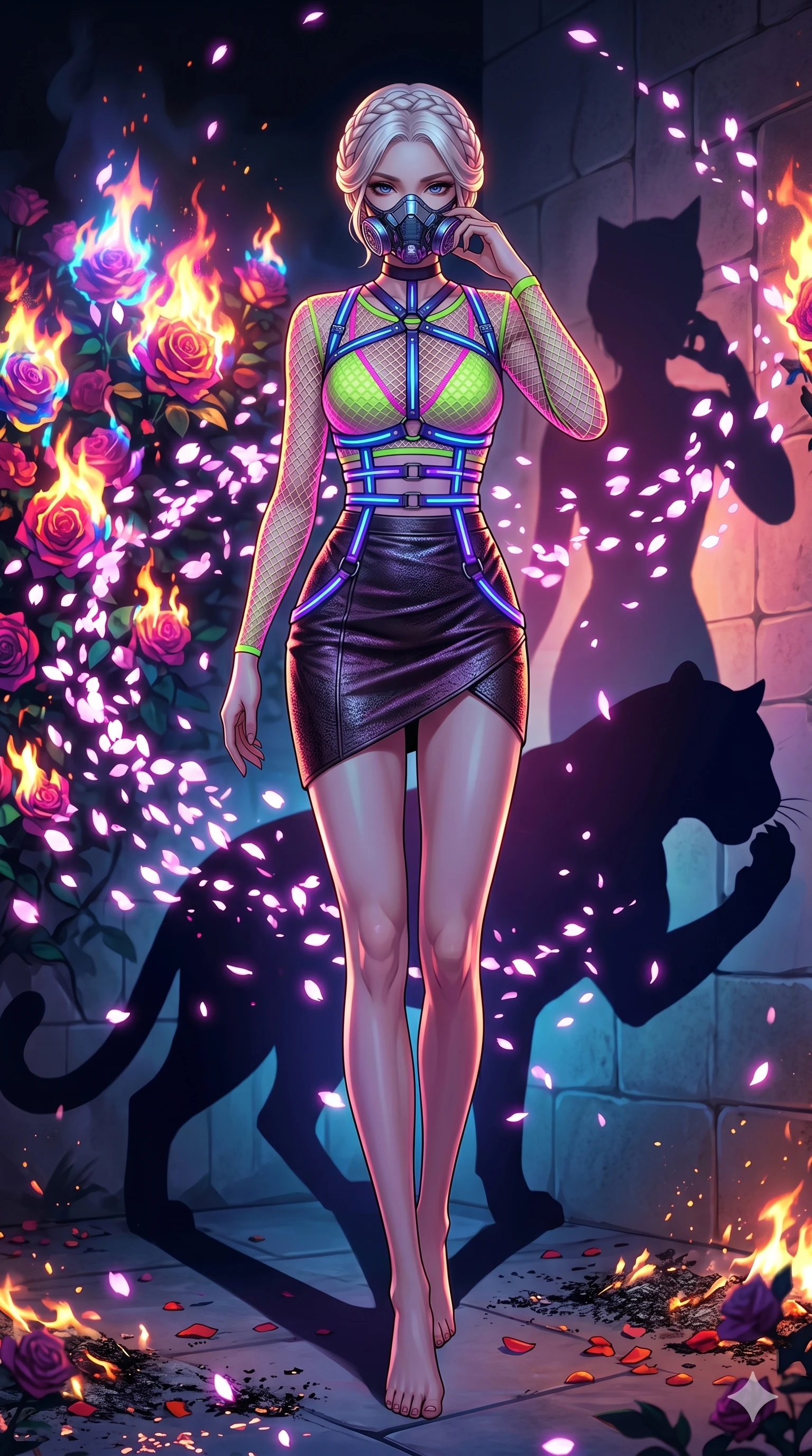 score_9, masterpiece, best quality, ultra-detailed, Set A: High-budget Anime Keyframe, Korean woman. Low angle cowboy shot filling the entire 9:16 frame with her statuesque presence. Adjusting a mask through a burning rose garden, while her shadow mimics the movements of a predator 35 and surrounded by digital sakura petals. She has an absolutely perfect 8-heads proportion, an exceptionally tall and slender female figure with impossibly long slender legs and an ultra-slim waist. Sharp v-shaped jawline, high-bridge nose, intricate jewel-like eyes with depth, thick eyelashes, glossy lips with a natural sheen. Wearing Fluorescent mesh top with a leather mini-skirt and neon-lit harness details. Cinematic lighting, vibrant colors, dramatic shadows, 2k, ultra detail, master piece, 9:16 ratio