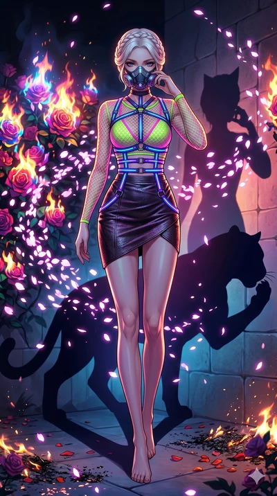 score_9, masterpiece, best quality, ultra-detailed, Set A: High-budget Anime Keyframe, Korean woman. Low angle cowboy shot filling the entire 9:16 frame with her statuesque presence. Adjusting a mask through a burning rose garden, while her shadow mi