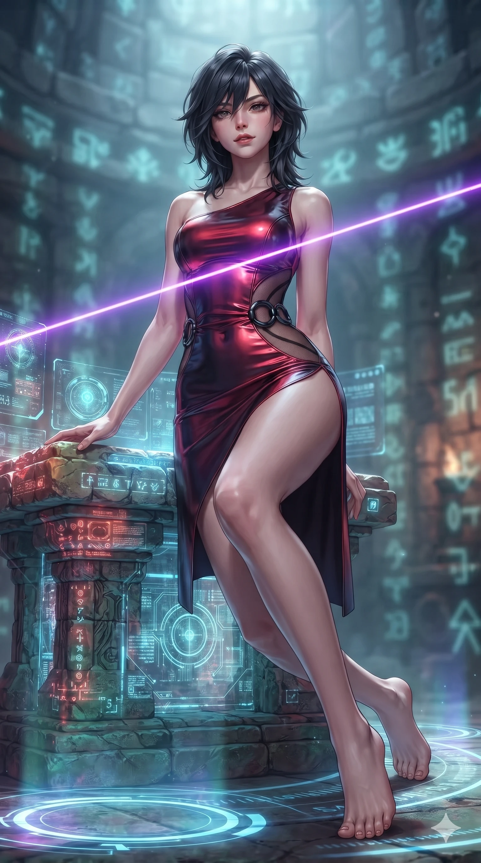 score_9, masterpiece, best quality, ultra-detailed, high-budget anime keyframe, editorial fashion photography, tasteful artistic composition, Caucasian woman. low angle full-body shot from head to toe showing her feet, filling the entire 9:16 vertical frame with her statuesque presence, stretching her vertical silhouette. stepping forward into the sharp laser beam, her long slender legs and curvy hips creating a sweeping vertical line while kneeling on one knee beside the digital altar dais with hips angled toward the camera, her dark tailored fit highlighting her hourglass curves. The background shows a soft-focus cyber-occult subterranean sanctuary softened in mystical digital shallow focus. She has an absolutely perfect, statuesque 8.5-heads proportion, an exceptionally tall and slender model-like female figure with impossibly long slender legs, an ultra-slim waist, a flat toned midriff, narrow delicate ribcage, and beautifully sculpted feminine hips creating a graceful, slim hourglass silhouette without any bulky heaviness. sharp v-shaped jawline, high-bridge nose, intricate jewel-like dark sparkling eyes with hypnotic seductive depth, thick curled eyelashes, glossy parted lips with a natural wine sheen, alluring bedroom-eyes with an enigmatic smoldering smile, exuding magnetic sovereign charisma and dark avant-garde glamour, flawlessly proportioned anatomical accuracy, strict slender model proportions, natural body alignment, perfectly sculpted long slender limbs, ultra-slim waistline, clean dynamic posture without body distortion. wearing an asymmetric one-shoulder metallic patent leather mini dress with a dramatic side slit hugging her hips in crimson laser red and cold midnight shadow tones, featuring strategic sheer-illusion micro-mesh cutouts along her ribcage and hip flanks, accented with sculpted obsidian chrome rings at the waist, accentuating her gracefully sculpted slender torso and statuesque proportions. illuminated by holographic ground circle upward bounce and sharp electric-violet rim lights sculpting her razor-sharp jawline, narrow waist, and curvy hips. ultra-reflective glossy finish, specular highlights, metallic sheen, high-contrast stereoscopic depth, volumetric dynamic lighting, 2k, ultra detail, master piece, 9:16 ratio