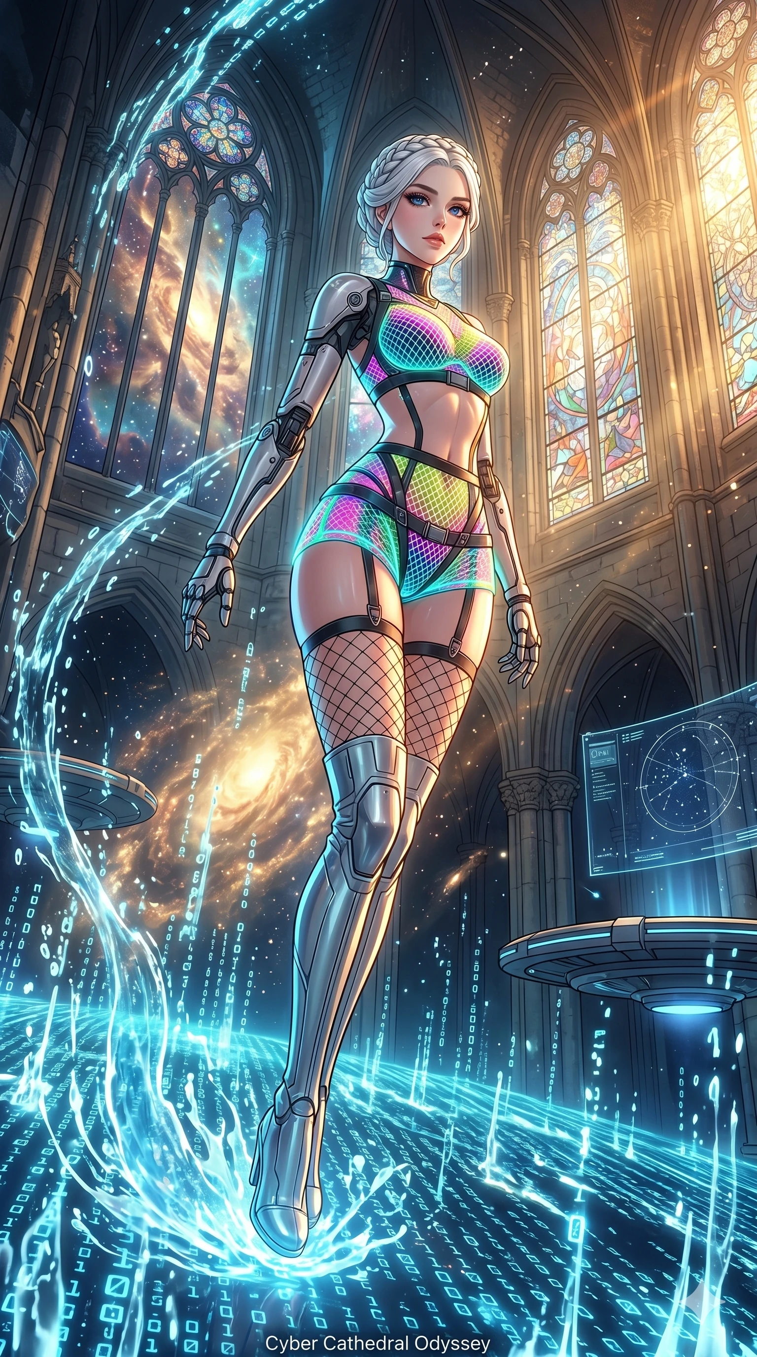 score_9, masterpiece, best quality, ultra-detailed, High-budget Anime Keyframe, vibrant colors, fluid line-art, expressive lighting, cinematic composition, Ufotable-style visual effects, top-tier animation quality, Caucasian woman with pale skin, blonde hair, and (strictly human ears). Dynamic full-body shot stretching the vertical silhouette, capturing her from a powerful low-angle perspective. Diving into a vast sea of digital code and liquid light, her form becoming one with the stream of information. She has an absolutely perfect 8-heads proportion, an exceptionally tall and slender female figure with impossibly long slender legs and an ultra-slim waist, her statuesque height and towering silhouette dominating the vertical 9:16 frame. Her face is a masterpiece featuring a sharp v-shaped jawline, high-bridge nose, intricate jewel-like eyes with depth, thick eyelashes, and glossy lips with a natural sheen. She is wearing a Cyber-augmented streetwear featuring mechanical arm parts and a micro-shorts/harness combo crafted from Fluorescent mesh that glows brightly under neon light, highlighting her silhouette, accompanied by sensual fishnet stockings and thigh-high metallic boots. The scene is set in a majestic gothic cathedral in deep space with massive windows overlooking a swirling nebula, illuminated by golden hour sunlight that gives her skin a warm, radiant glow. 2k, ultra detail, master piece, 9:16 ratio