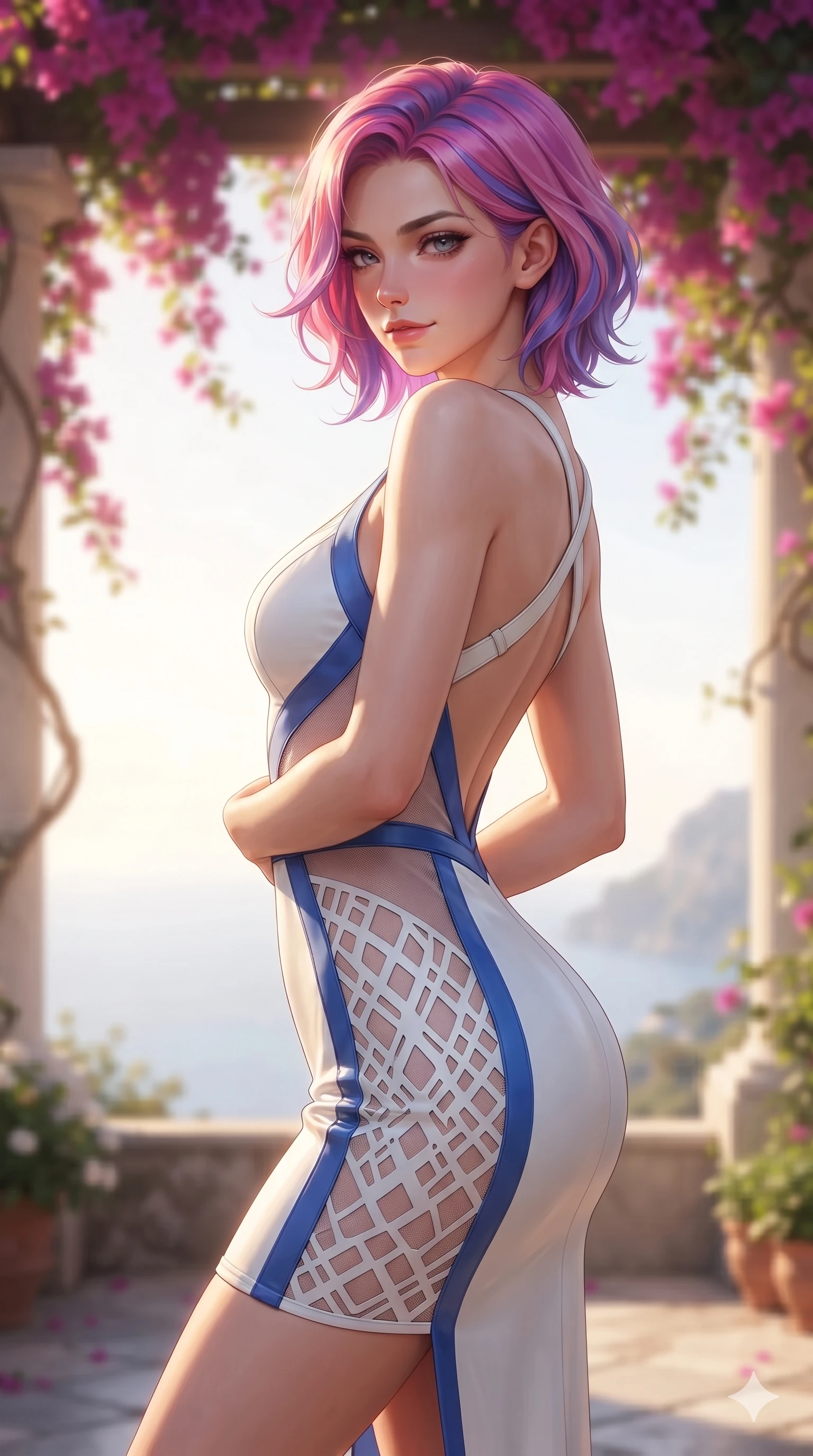 score_9, masterpiece, best quality, ultra-detailed, high-budget anime keyframe, editorial fashion photography, tasteful artistic composition, Caucasian woman. close-up cowboy shot from the waist and thighs up, the character dominates the composition, filling the frame with her large presence. twisting her slender torso in a deep contrapposto stance, hips dramatically shifted to accentuate her feminine curves while looking past her shoulder with smoldering bedroom-eyes while twisting her slender torso in an alluring S-curve beneath cascading magenta bougainvillea trellises, warm afternoon sunbeams tracing her flat midriff and hourglass curves. The background shows a soft-focus classical Capri villa garden softened in high-cliff overlook shallow focus. She has an exceptionally elegant, slender, and willowy female figure with an ultra-slim waist, flat toned midriff, narrow ribcage, and sculpted feminine hips creating an alluring, slim hourglass silhouette without bulk. sharp v-shaped jawline, high-bridge nose, sparkling eyes with hypnotic seductive depth, thick curled eyelashes, glossy parted lips with a natural dewy peach sheen, alluring bedroom-eyes with an enchanting coquettish smile, exuding magnetic siren charisma and sophisticated glamour, flawlessly proportioned anatomical accuracy, strict slender model proportions, natural body alignment, perfectly sculpted long slender limbs, ultra-slim waistline, clean dynamic posture without body distortion. wearing an alluring plunging sweetheart bodice dress with sheer mesh side-waist cutouts contouring her ribs in Mykonos whitewash and cobalt blue, adorned with laser-cut diamond side panels revealing teasing glimpses of bare skin, featuring an open-back criss-cross harness strap in white leather, the bespoke structured tailoring following the natural line of her 8.5-heads silhouette with refined elegance. illuminated by white marble terrace bounce and sharp rose-gold rim lights defining her razor-sharp jawline, narrow waist, and curvy hips. ultra-reflective glossy finish, specular highlights, rich textural contrasts, high-contrast stereoscopic depth, volumetric dynamic lighting, 2k, ultra detail, master piece, 9:16 ratio