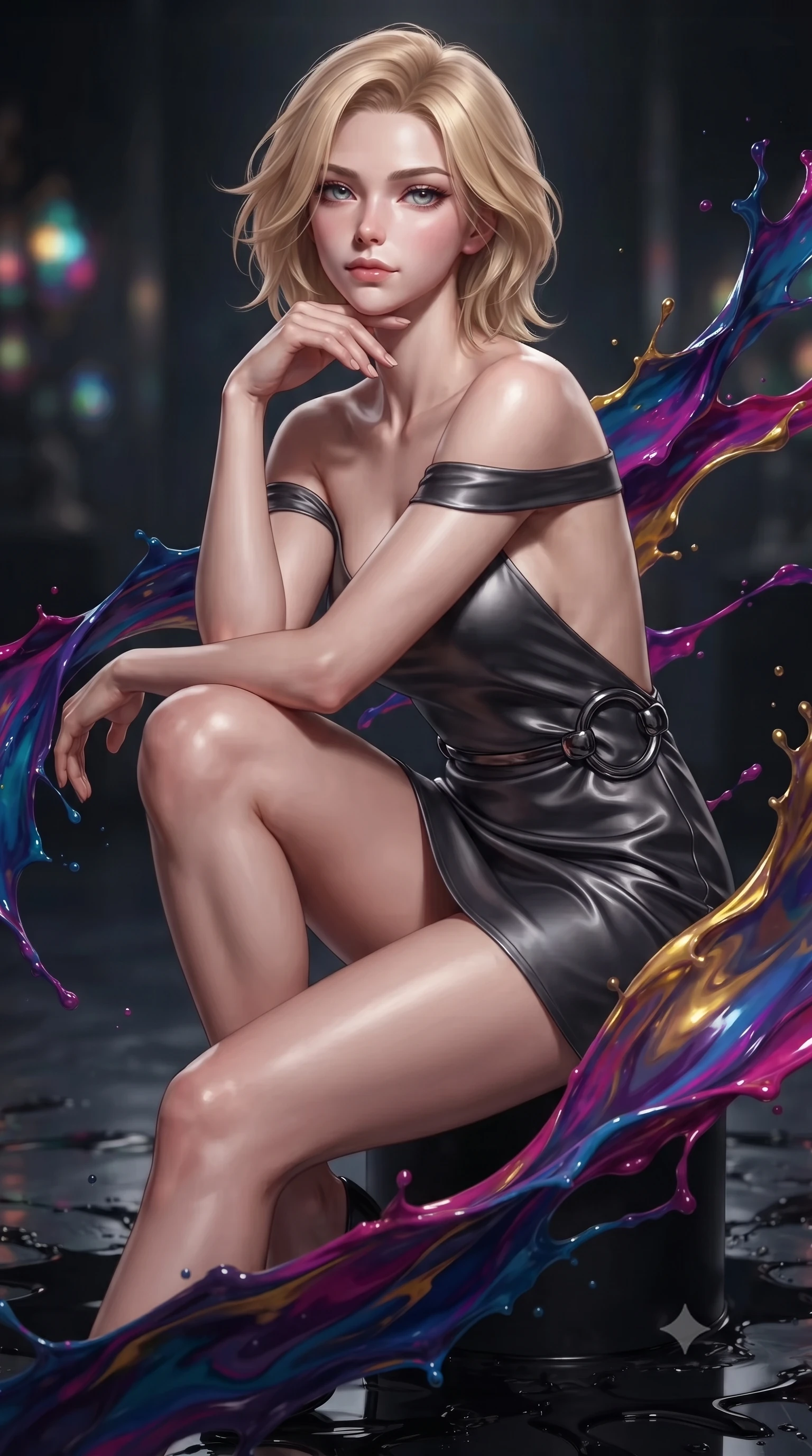 score_9, masterpiece, best quality, ultra-detailed, high-budget anime keyframe, editorial fashion photography, tasteful artistic composition, Caucasian woman. close-up cowboy shot from the waist and thighs up, the character dominates the composition, filling the frame with her large presence, background elements kept in soft focus. Resting her chin on the backs of her fingers with an air of effortless superiority, poised on a dark reflective glass floor drenched in dark fluid paint splashes, dynamic paint splash trails framing her slender athletic silhouette. She has an exceptionally elegant, slender, and willowy female figure with an ultra-slim waist, a gracefully sculpted slender torso, and a refined silhouette. sharp v-shaped jawline, high-bridge nose, intricate jewel-like eyes with depth, thick eyelashes, glossy lips with a natural sheen. wearing backless liquid vinyl mini slip dress with bare shoulder neckline in dark charcoal gray, made of soft dark satin, accented with sculpted obsidian chrome rings at the waist, sculpting her athletic slender build with refined precision. lit by single intense key ray accentuating liquid paint contours. highly saturated vibrant anime colors, detailed shading with soft gradients, rich glossy textures, high-contrast stereoscopic depth, volumetric dynamic lighting, master piece, 9:16 ratio