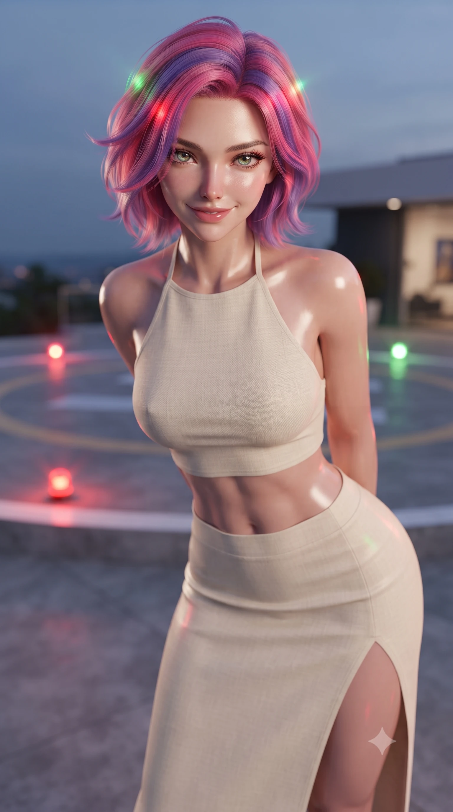 score_9, masterpiece, best quality, ultra-detailed, high-budget anime keyframe, editorial fashion photography, tasteful artistic composition, Caucasian woman. close-up cowboy shot from the waist and thighs up, the character dominates the composition, filling the frame with her large presence, background elements kept in soft focus. leaning slightly forward with a playful, teasing smile, her gaze locked onto the viewer the background shows a soft-focus a concrete helipad circle with blinking signal lights on top of a modern villa. She has an exceptionally elegant, slender, and willowy female figure with an ultra-slim waist, a gracefully sculpted slender torso, and a refined silhouette. sharp v-shaped jawline, high-bridge nose, intricate jewel-like eyes with depth, thick eyelashes, glossy lips with a natural sheen. wearing a body-hugging linen halter-neck crop top paired with a matching high-slit midi skirt, revealing a sculpted midriff. flashes of red and green beacon lights casting dynamic highlights on her form. ultra-reflective glossy finish, specular highlights, metallic sheen, high-contrast stereoscopic depth, volumetric dynamic lighting, 2k, ultra detail, master piece, 9:16 ratio