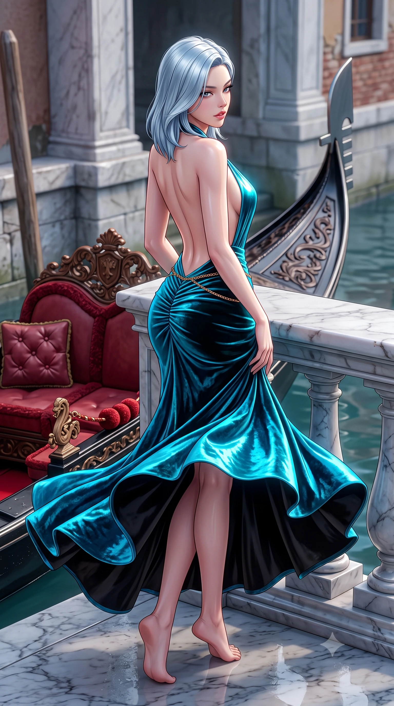 score_9, masterpiece, best quality, ultra-detailed, high-budget anime keyframe, semi-realistic 3D game render, editorial fashion photography, tasteful artistic composition, Korean woman. low angle full-body shot from head to toe showing her feet, filling the entire 9:16 vertical frame with her statuesque presence, stretching her vertical silhouette. executing an elegant mid-motion pivot turn as garments swirl around her slender limbs, glancing over her shoulder with an intoxicating bedroom-gaze while leaning against the marble balustrade of a Grand Canal palazzo with hips cocked back, gazing down at the passing gondolas with seductive bedroom-eyes. The surrounding environment is rendered in vivid detail and crisp panoramic clarity. sharp carved baroque gondola prow details, velvet cushion tufting, and damp marble masonry in deep focus. She has an exceptionally tall and slender model-like 8.5-heads proportion, an ultra-slim waist, a flat toned midriff, narrow delicate ribcage, and beautifully sculpted feminine hips creating a graceful, slim hourglass silhouette without any bulky heaviness, with impossibly long slender legs. sharp v-shaped jawline, high-bridge nose, intricate jewel-like eyes with depth, thick eyelashes, glossy parted lips with a natural sheen, intensely captivating and seductive bedroom-eyes expression, flawlessly proportioned anatomical accuracy, strict slender model proportions, natural body alignment, perfectly sculpted long slender limbs, ultra-slim waistline, clean dynamic posture without body distortion. wearing a plunging halter-neck metallic lamé column dress with a dramatic bare spine and hip-defining ruching in neon electric cyan and lacquer black, crafted from heavyweight crushed silk velvet with liquid vintage luster, accented with a delicate gold chain belt resting loosely on her curvy hips, the second-skin form-contouring cut accentuating her sculpted flat midriff, narrow delicate ribcage, and gracefully curvy hips with supermodel precision. illuminated by crisp specular highlights defining her slender neckline, ultra-slim waist, and curvy hips. highly saturated vibrant anime colors, detailed shading with soft gradients, rich glossy textures, high-contrast stereoscopic depth, volumetric dynamic lighting, master piece, 9:16 ratio