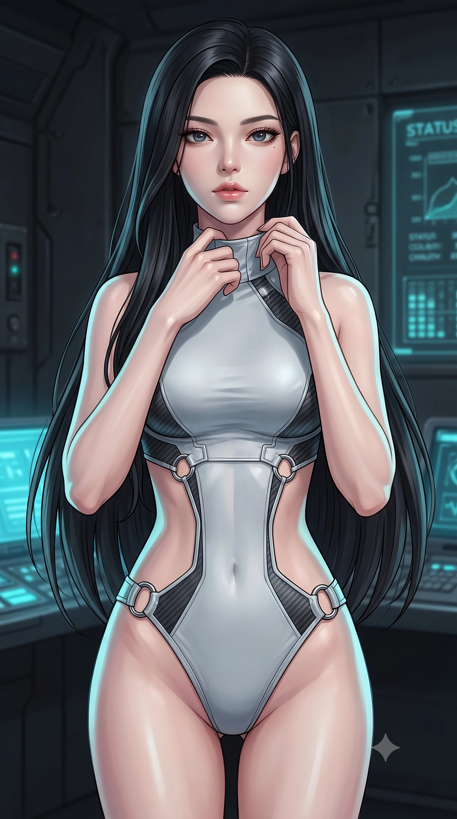 score_9, masterpiece, best quality, ultra-detailed, high-budget anime keyframe, editorial fashion photography, tasteful artistic composition, Korean woman. close-up cowboy shot from the waist and thighs up, the character dominates the composition, filling the frame with her large presence, background elements kept in soft focus. adjusting the high collar of her body-hugging suit, looking past the camera with quiet, sharp focus and a composed expression, the background shows a soft-focus a virtual simulation pod inside a cyber-game center with status charts. She has an exceptionally elegant, slender, and willowy female figure with an ultra-slim waist, a gracefully sculpted slender torso, and a refined silhouette. sharp v-shaped jawline, high-bridge nose, intricate jewel-like eyes with depth, thick eyelashes, glossy lips with a natural sheen. wearing a tailored light carbon-plate combat bodysuit featuring dramatic geometric open-waist cutouts framed by chrome ring hardware. soft cyan screen glare contrasting with the dark industrial walls. highly saturated vibrant anime colors, detailed shading with soft gradients, rich glossy textures, high-contrast stereoscopic depth, volumetric dynamic lighting, master piece, 9:16 ratio
