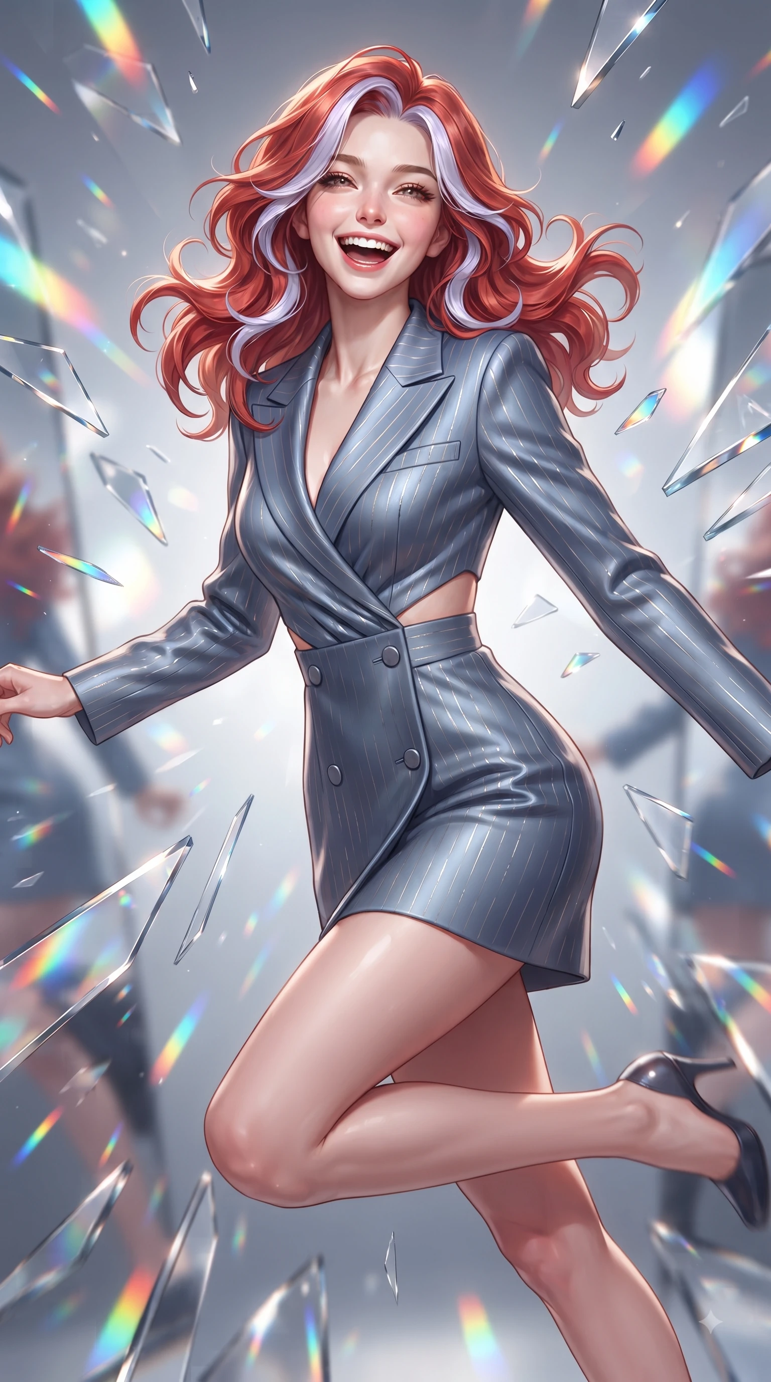 score_9, masterpiece, best quality, ultra-detailed, high-budget anime keyframe, editorial fashion photography, tasteful artistic composition, Caucasian woman. close-up cowboy shot from the waist and thighs up, the character dominates the composition, filling the frame with her large presence, background elements kept in soft focus. Joyful laughing expression filled with genuine happiness and warmth, leaning forward with cheerful energy while leaping dynamically through the air with a radiant laughing expression on an open art stage, shattered mirror shards scattering brilliant rainbow reflections and happy energy everywhere. She has an exceptionally elegant, slender, and willowy female figure with an ultra-slim waist, a gracefully sculpted slender torso, and a refined silhouette. sharp v-shaped jawline, high-bridge nose, intricate jewel-like eyes with depth, thick eyelashes, glossy lips with a natural sheen, flawlessly proportioned anatomical accuracy, natural body alignment, perfectly sculpted elegant limbs, clean dynamic posture without body distortion. wearing a double-breasted blazer dress with subtle metallic pin-stripes in slate blue and metallic silver, crafted from smooth liquid silk, featuring subtle geometric cutouts that highlight her ultra-slim midriff, the elegant draped fit framing her graceful clavicle and slender torso. illuminated by brilliant multi-color rainbow light refracting through glass prisms. ultra-reflective glossy finish, specular highlights, metallic sheen, high-contrast stereoscopic depth, volumetric dynamic lighting, 2k, ultra detail, master piece, 9:16 ratio