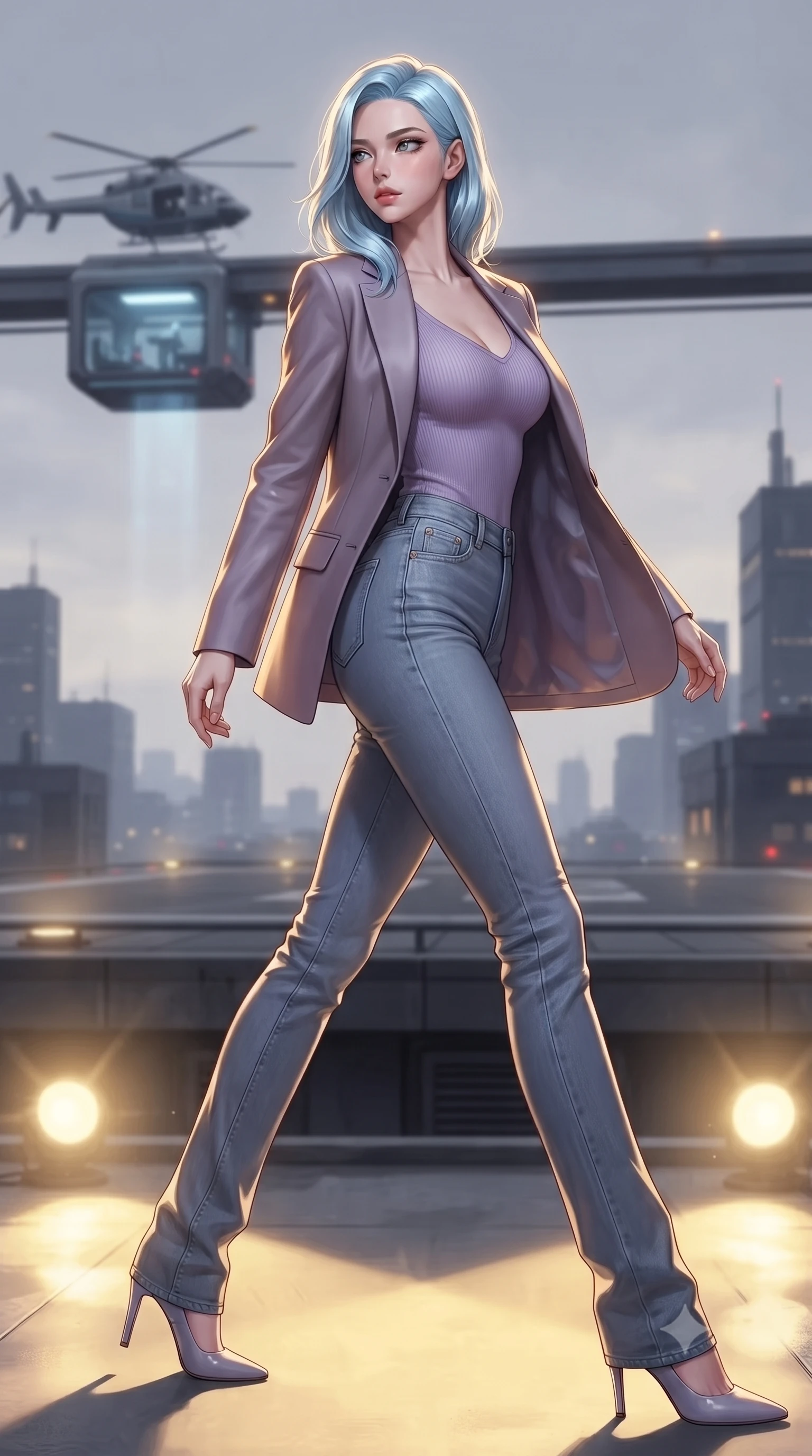 score_9, masterpiece, best quality, ultra-detailed, high-budget anime keyframe, editorial fashion photography, tasteful artistic composition, Korean woman. low angle full-body shot from head to toe showing her feet, filling the entire 9:16 vertical frame with her statuesque presence, stretching her vertical silhouette. stepping gracefully while looking back over her shoulder, her dress draped tightly to reveal her silhouette the background shows a soft-focus a futuristic vehicle elevator transporting a helicopter to a rooftop runway. She has an absolutely perfect, statuesque 8.5-heads proportion, an exceptionally tall and slender model-like female figure with impossibly long slender legs and an ultra-slim waist. sharp v-shaped jawline, high-bridge nose, intricate jewel-like eyes with depth, thick eyelashes, glossy lips with a natural sheen. wearing a slim-fit tight-fitting lavender knit bodysuit worn under a tailored open blazer and jeans. harsh sodium yellow spotlights casting long dramatic industrial shadows. ultra-reflective glossy finish, specular highlights, metallic sheen, high-contrast stereoscopic depth, volumetric dynamic lighting, 2k, ultra detail, master piece, 9:16 ratio