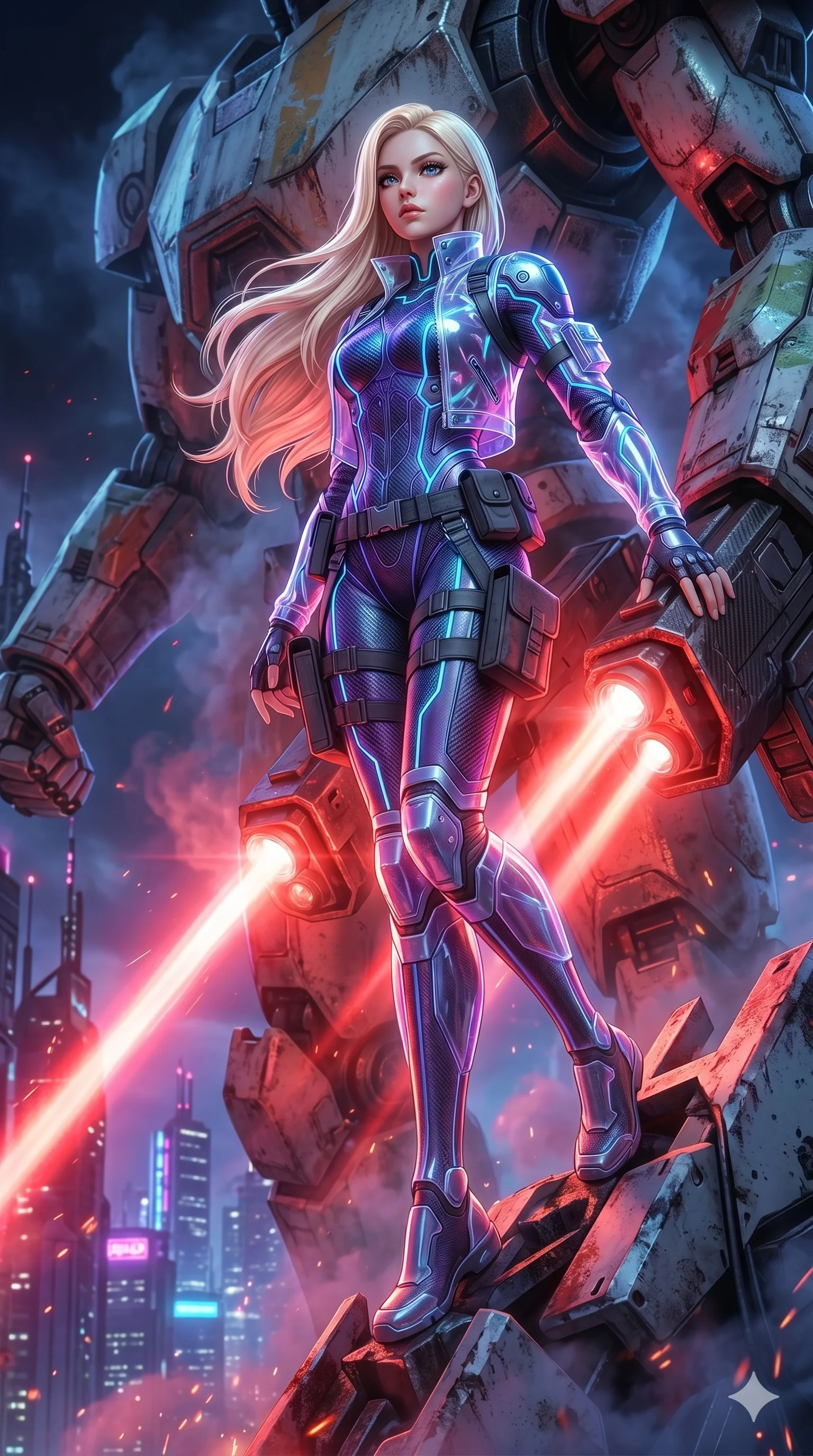 score_9, masterpiece, best quality, ultra-detailed, photorealistic 8k CG, hyper-detailed textures, ray-tracing, Korean woman. Low angle cowboy shot capturing a powerful motion and statuesque presence. climbing a colossal sentinel robot while it fires beams of red light. She has an absolutely perfect 8-heads proportion, an exceptionally tall and slender female figure with an ultra-slim waist and impossibly long slender legs. strictly human anatomy, two legs only, no extra limbs, clearly defined legs and arms, perfect anatomy, perfect hands and fingers. sharp v-shaped jawline, high-bridge nose, intricate jewel-like eyes, thick eyelashes, glossy lips. Wearing Tech-Fantasy: Cybernetic tech-suit with glowing seams, translucent PVC over leotard, and modular tactical gear. The scene is illuminated by dramatic atmospheric lighting and vibrant color palettes. , 2k, ultra detail, master piece, 9:16 ratio