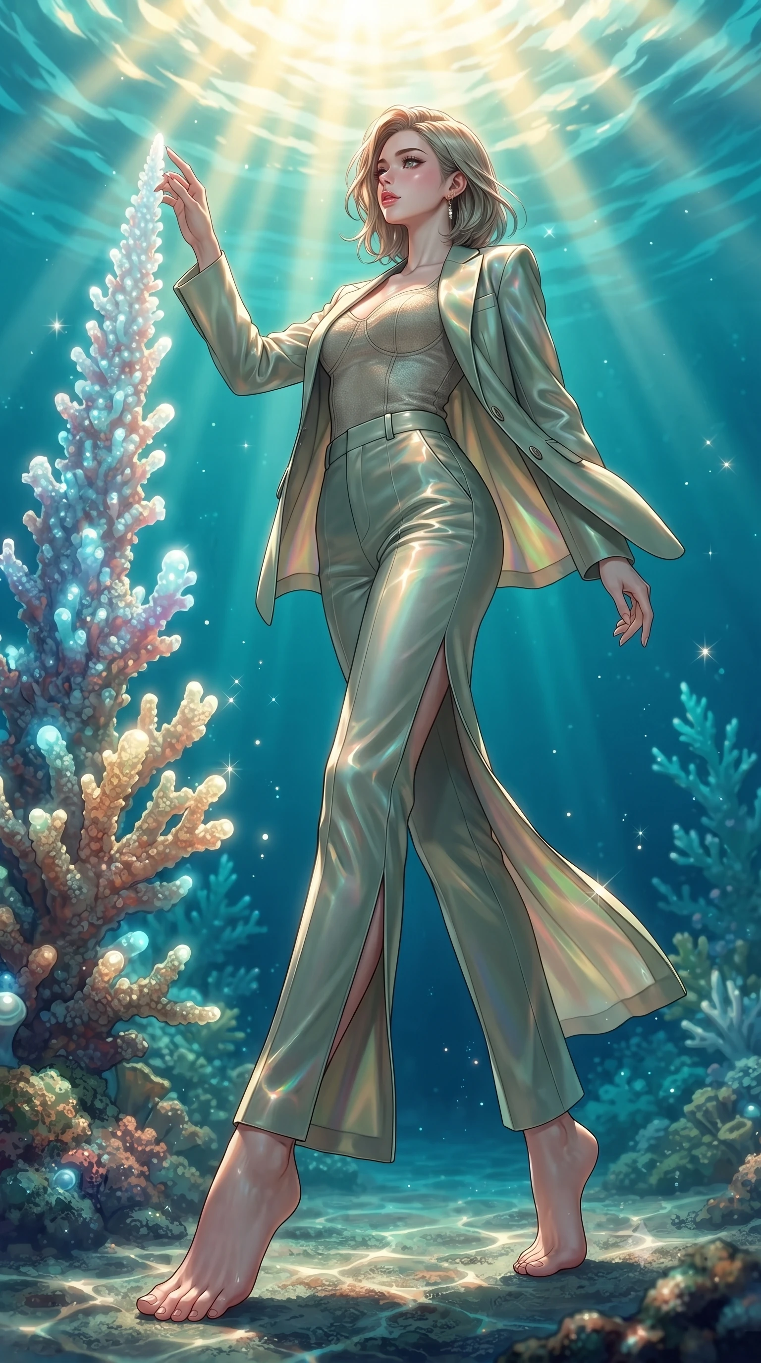 score_9, masterpiece, best quality, ultra-detailed, high-budget anime keyframe, editorial fashion photography, tasteful artistic composition, Japanese woman. low angle full-body shot from head to toe showing her feet, filling the entire 9:16 vertical frame with her statuesque presence, stretching her vertical silhouette. navigating the luminous space with effortless poise, displaying her perfect model proportions touching a bioluminescent coral spire in a sun-drenched underwater cathedral, golden sunbeams penetrating deep turquoise water creating caustic light patterns. She has an absolutely perfect, statuesque 8.5-heads proportion, an exceptionally tall and slender model-like female figure with impossibly long slender legs and an ultra-slim waist. sharp v-shaped jawline, high-bridge nose, intricate jewel-like eyes with depth, thick eyelashes, glossy lips with a natural sheen. wearing a tailored silk blazer over a form-contouring top and fitted slacks in sage green and oatmeal, crafted from iridescent chiffon that shifts colors in the light, finished with a sleek side slit ascending to mid-thigh, the elegant draped fit framing her graceful clavicle and slender torso. surrounded by a shimmering ocean aura with bright pearl-white rim lights. ultra-reflective glossy finish, specular highlights, metallic sheen, high-contrast stereoscopic depth, volumetric dynamic lighting, 2k, ultra detail, master piece, 9:16 ratio