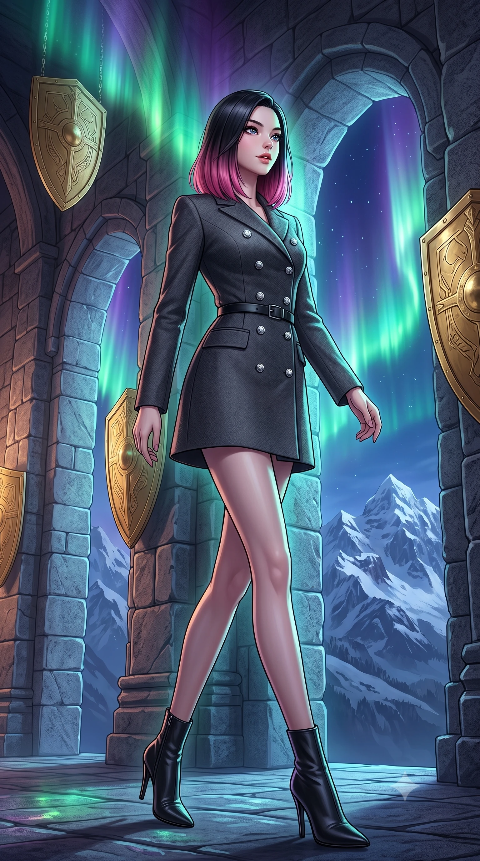 score_9, masterpiece, best quality, ultra-detailed, high-budget anime keyframe, editorial fashion photography, tasteful artistic composition, Korean woman. low angle full-body shot from head to toe showing her feet, filling the entire 9:16 vertical frame with her statuesque presence, stretching her vertical silhouette. navigating with fluid, playful motion through in a monumental Nordic stone feast hall with giant floating golden shields along the walls, looking out of giant stone arches onto a majestic snow-covered mountain range. She has a statuesque 8.5-heads proportion, an exceptionally tall, slender and willowy model-like build with impossibly long legs and a highly sculpted ultra-slim waist. sharp v-shaped jawline, high-bridge nose, intricate jewel-like eyes with depth, thick eyelashes, glossy lips with a natural sheen. wearing a double-breasted charcoal coat dress with silver buttons, styled with a slim black leather belt. intense shimmering green and violet aurora light shining from the night sky, casting a dramatic magical glow through the arches. 2k, ultra detail, master piece, 9:16 ratio