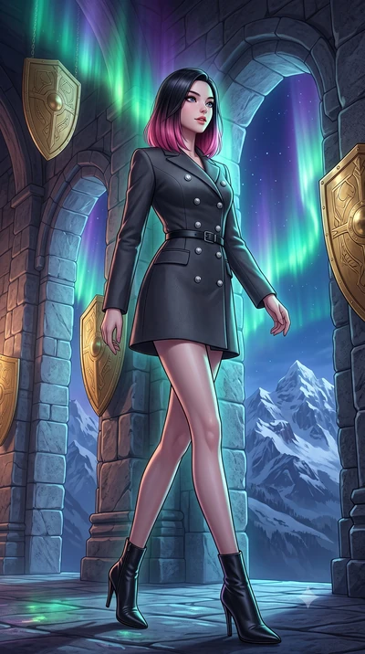 score_9, masterpiece, best quality, ultra-detailed, high-budget anime keyframe, editorial fashion photography, tasteful artistic composition, Korean woman. low angle full-body shot from head to toe showing her feet, filling the entire 9:16 vertical f