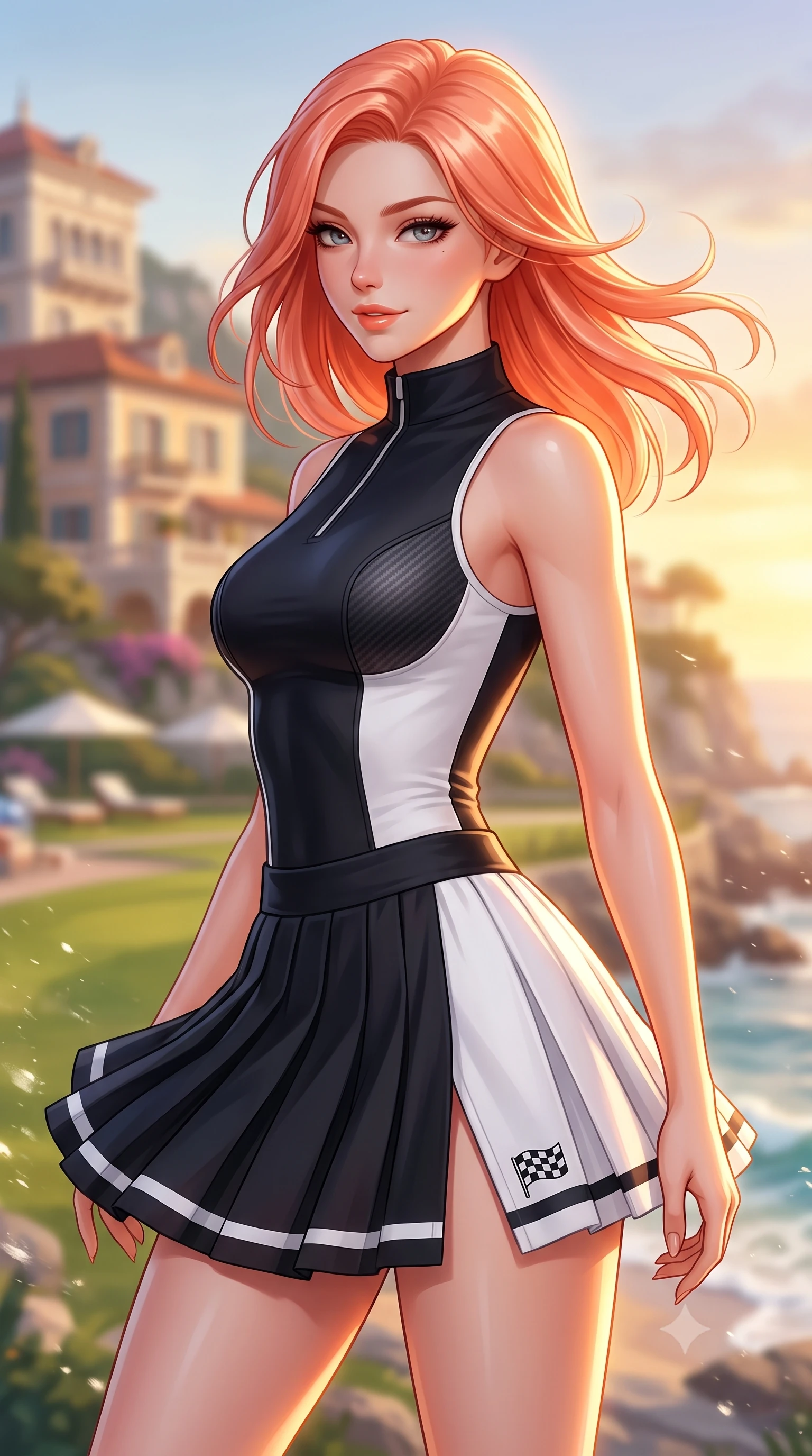 score_9, masterpiece, best quality, ultra-detailed, high-budget anime keyframe, semi-realistic 3D game render, editorial fashion photography, tasteful artistic composition, Japanese woman. close-up cowboy shot from the waist and thighs up, the character dominates the composition, filling the frame with her large presence. turning slowly with a smoldering smile, her glossy hair tossing in the breeze as her hips angle gracefully in a captivating contrapposto while twisting her slender torso in an alluring contrapposto stance, salty ocean spray and sunset breezes molding her pleated skirt to her hips. The background shows a soft-focus Belle Époque cliffside hotel villas softened in breezy coastal country club shallow focus. She has an exceptionally elegant, slender, and willowy female figure with an ultra-slim waist, flat toned midriff, narrow ribcage, and sculpted feminine hips creating an alluring, slim hourglass silhouette without bulk. sharp v-shaped jawline, high-bridge nose, sparkling eyes with athletic focus and depth, thick curled eyelashes, glossy parted lips with a natural coral-peach sheen, bright confident and coquettish smile with alluring bedroom-eyes, exuding both youthful sporty vigor and sovereign high-society glamour, flawlessly proportioned anatomical accuracy, strict slender model proportions, natural body alignment, perfectly sculpted long slender limbs, ultra-slim waistline, clean dynamic posture without body distortion. wearing a sleeveless high-collar racing bodysuit with carbon-fiber chestplate accents and a pleated wrap tennis skirt with side hip slit in dual-tone high-contrast racing monochrome, tailored from ultra-soft fine cashmere yarn with an airy athletic drape, finished with contrasting racing stripe tape and subtle checkered flag embroidery, the form-fitting tailored bodice adhering flawlessly to her sculpted flat midriff and slender torso, emphasizing her long leg lines and perfectly proportioned willowy build. illuminated by ocean surf bounce fill and sharp warm-gold rim lights defining her razor-sharp jawline, narrow waist, and curvy hips. highly saturated vibrant anime colors, detailed shading with soft gradients, rich glossy textures, high-contrast stereoscopic depth, volumetric dynamic lighting, master piece, 9:16 ratio