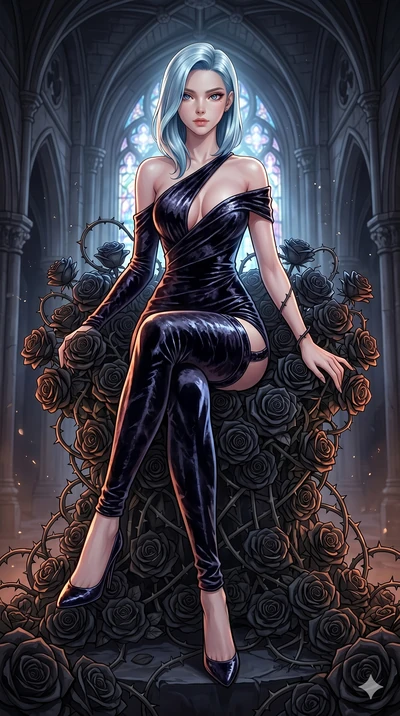 score_9, masterpiece, best quality, ultra-detailed, High-budget Anime Keyframe, East Asian woman. Dynamic full-body shot stretching the vertical silhouette to the limit. Scenario 60: Resting on a throne of black roses, thorns grazing her skin. Her pr