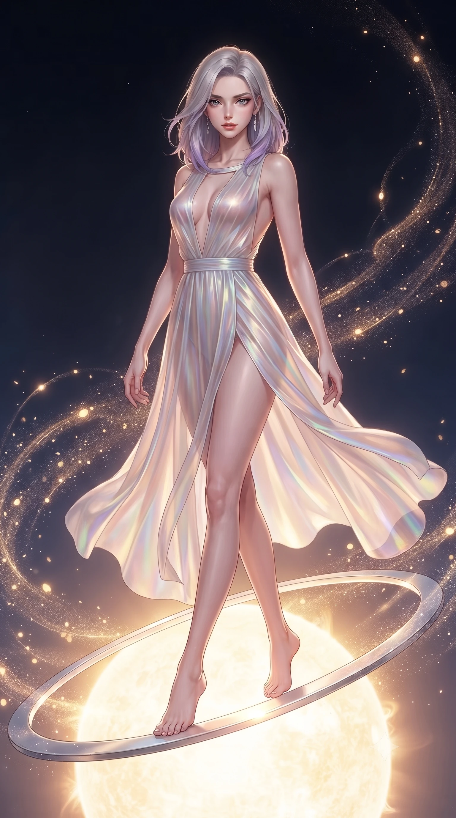 score_9, masterpiece, best quality, ultra-detailed, high-budget anime keyframe, editorial fashion photography, tasteful artistic composition, Caucasian woman. low angle full-body shot from head to toe showing her feet, filling the entire 9:16 vertical frame with her statuesque presence, stretching her vertical silhouette. stepping forward in a proud dynamic stride, her vertical silhouette filling the frame with statuesque presence while stepping forward with a proud statuesque stride along a platinum ring suspended over a sun core, glowing solar pollen particles drifting in rapid swirling currents nearby. She has an absolutely perfect, statuesque 8.5-heads proportion, an exceptionally tall and slender model-like female figure with impossibly long slender legs and an ultra-slim waist. sharp v-shaped jawline, high-bridge nose, intricate jewel-like eyes with depth, thick eyelashes, glossy lips with a natural sheen, flawlessly proportioned anatomical accuracy, natural body alignment, perfectly sculpted elegant limbs, clean dynamic posture without body distortion. wearing a translucent iridescent chiffon gown with a plunging neckline and open back in pearl white and rose gold, crafted from iridescent chiffon that shifts colors in the light, accented with a Tasteful chest slit framing her clavicle gracefully, the form-contouring material highlighting her ultra-slim waist and long lines. surrounded by a brilliant solar aura with high-contrast metallic specular shine. ultra-reflective glossy finish, specular highlights, metallic sheen, high-contrast stereoscopic depth, volumetric dynamic lighting, 2k, ultra detail, master piece, 9:16 ratio