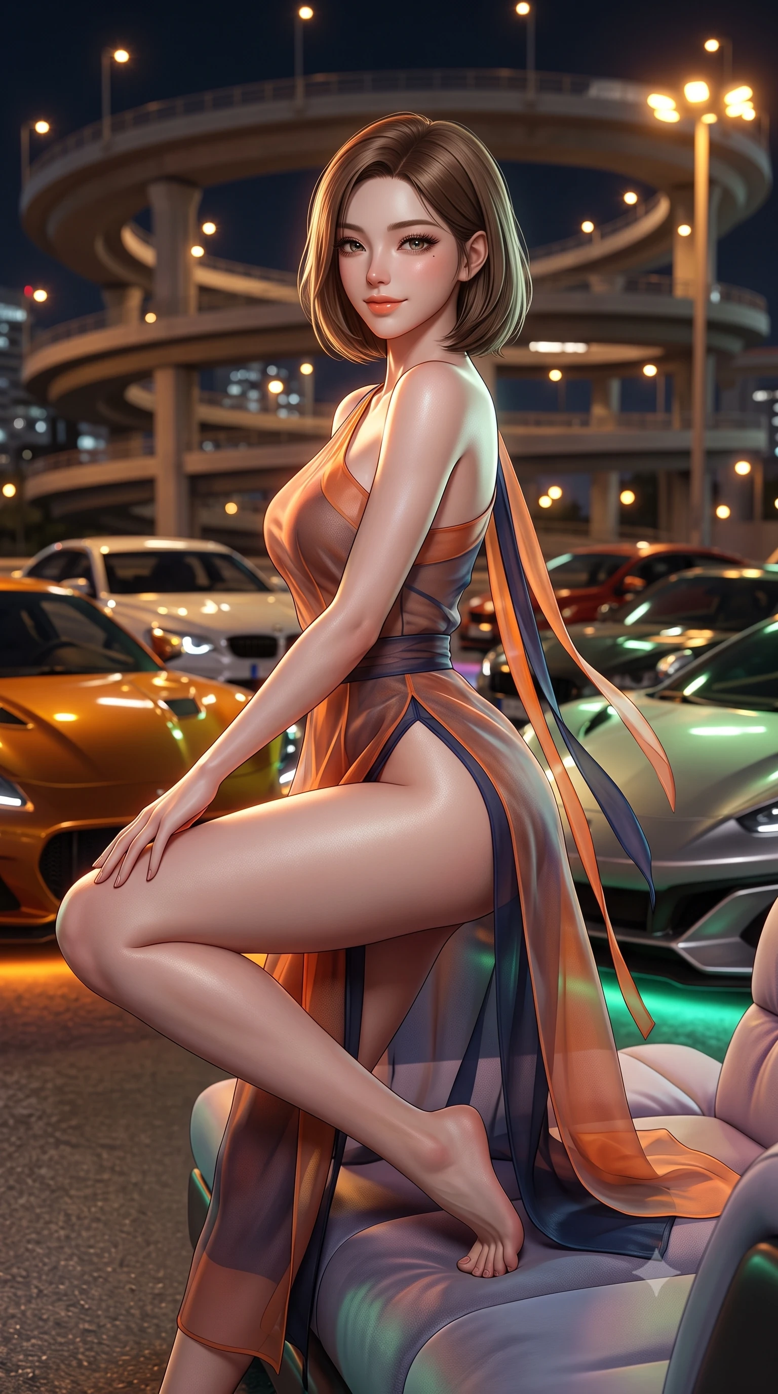 score_9, masterpiece, best quality, ultra-detailed, high-budget anime keyframe, semi-realistic 3D game render, editorial fashion photography, tasteful artistic composition, Korean woman. close-up cowboy shot from the waist and thighs up, the character dominates the composition, filling the frame with her large presence. perched sideways on the lounge seat, one knee drawn up to showcase her slender leg line while her arched back accentuates her feminine hip curve while twisting her slender torso in an alluring S-curve, sodium parking lights and car underglow tracing her narrow waist and curvy hips. The background shows a soft-focus gleaming sports car hoods, spiral overpass expressway ramps, and sodium parking lamps blurred into molten amber, neon green, and silver bokeh. She has an exceptionally elegant, slender, and willowy female figure with an ultra-slim waist, flat toned midriff, narrow ribcage, and sculpted feminine hips creating an alluring, slim hourglass silhouette without bulk. sharp v-shaped jawline, high-bridge nose, sparkling eyes with hypnotic seductive depth, thick curled eyelashes, glossy parted lips with a natural dewy peach sheen, alluring bedroom-eyes with an enchanting coquettish smile, exuding magnetic siren charisma and sophisticated glamour, flawlessly proportioned anatomical accuracy, strict slender model proportions, natural body alignment, perfectly sculpted long slender limbs, ultra-slim waistline, clean dynamic posture without body distortion. wearing an asymmetric one-shoulder modern hanbok tunic with dramatic side hip slit and delicate waist ribbons in sunset tangerine orange and deep navy indigo, made of delicate semi-sheer Korean gossamer organza with subtle pearlescent glints, finished with long silk ribbon ties fluttering down her bare spine from a backless halter, the form-contouring silhouette accentuating her sculpted flat midriff, narrow delicate ribcage, and gracefully curvy hips with intoxicating allure. illuminated by car hood specular bounce and sharp platinum rim lights sculpting her razor-sharp jawline, flat midriff, and curvaceous hips. highly saturated vibrant anime colors, detailed shading with soft gradients, rich glossy textures, high-contrast stereoscopic depth, volumetric dynamic lighting, master piece, 9:16 ratio