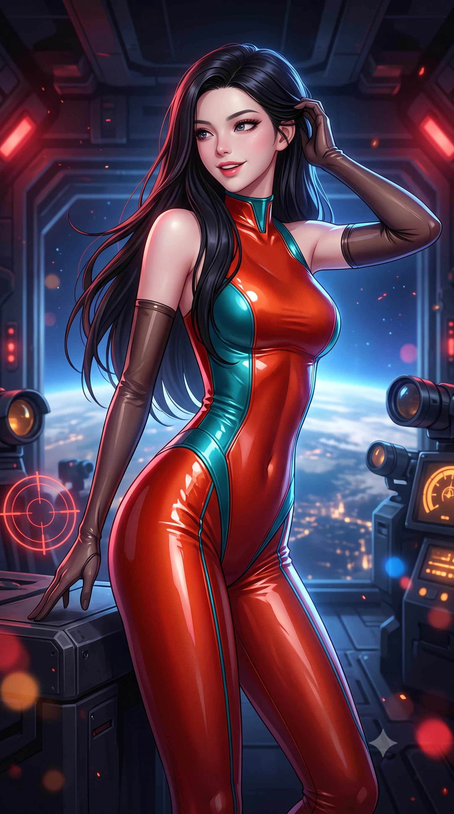 score_9, masterpiece, best quality, ultra-detailed, high-budget anime keyframe, semi-realistic 3D game render, editorial fashion photography, tasteful artistic composition, Korean woman. close-up cowboy shot from the waist and thighs up, the character dominates the composition, filling the frame with her large presence. gently brushing a lock of hair behind her ear while casting a playful, flirtatious side-gaze with long eyelashes while standing poised on the heavy armored gun deck overlooking banks of targeting periscopes, arching her spine with breathtaking anime heroine allure as blast shutters open to the planet below. The background shows a soft-focus pulsing crimson battle stations strobes, circular targeting reticles over planetary continents, and massive hydraulic blast shutters blurred into crimson, amber, and cobalt bokeh. She has an exceptionally elegant, slender, and willowy female figure with an ultra-slim waist, flat toned midriff, narrow ribcage, and sculpted feminine hips creating an alluring, slim hourglass silhouette without bulk. sharp v-shaped jawline, high-bridge nose, intricate jewel-like sparkling eyes with depth, thick eyelashes, glossy parted lips with a natural peach sheen, bright cheerful beaming smile with an enchanting and coquettish sensual glint, exuding both youthful cute charm and seductive allure, flawlessly proportioned anatomical accuracy, strict slender model proportions, natural body alignment, perfectly sculpted long slender limbs, ultra-slim waistline, clean dynamic posture without body distortion. wearing a sleek second-skin cyber-pilot bodysuit with high-gloss patent leather panels accentuating her ultra-slim waistline in cyber-shinto vermilion and laser turquoise, crafted from bespoke double-faced cashmere with an exceptionally soft tactile finish, complemented by sheer opera-length evening gloves tracing her slender arms, the second-skin tailored fabric adhering flawlessly to her sculpted flat midriff and slender torso, emphasizing her long leg lines and perfectly proportioned willowy build. bathed in moody 660nm deep crimson battle stations lighting mixed with cool blue planetary city-light radiance. highly saturated vibrant anime colors, detailed shading with soft gradients, rich glossy textures, high-contrast stereoscopic depth, volumetric dynamic lighting, master piece, 9:16 ratio