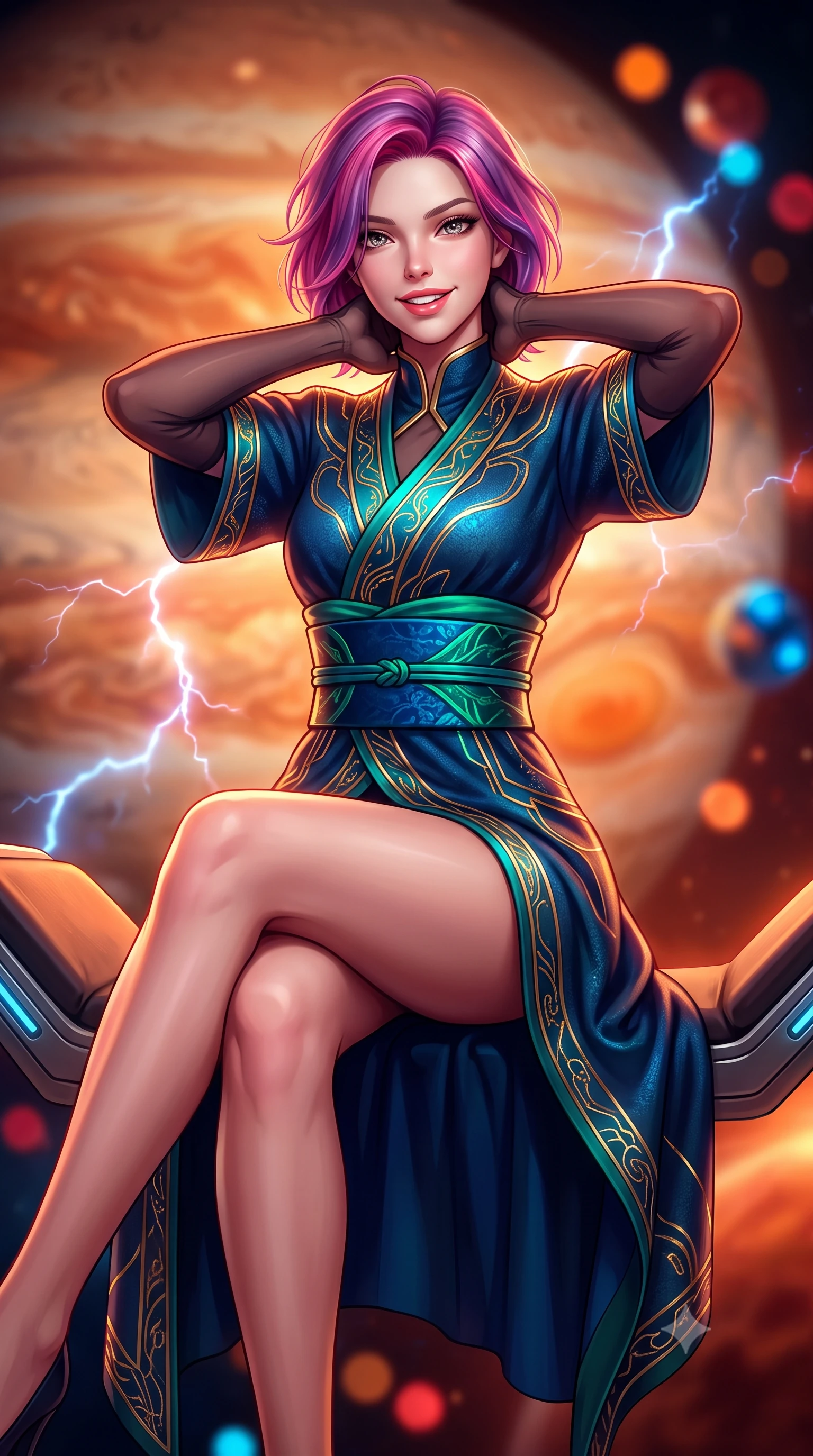 score_9, masterpiece, best quality, ultra-detailed, high-budget anime keyframe, semi-realistic 3D game render, editorial fashion photography, tasteful artistic composition, Caucasian woman. close-up cowboy shot from the waist and thighs up, the character dominates the composition, filling the frame with her large presence. resting both hands lightly behind her neck with elbows raised, arching her spine to highlight her narrow waist, flat midriff, and breathtaking collarbones while sitting gracefully on the floating antigravity lounge with legs crossed, flashing a radiant, playful smile with parted glossy lips. The background shows a soft-focus churning amber and terracotta cloud bands of Jupiter, crackling mega-lightning bolts, and distant orbital moons blurred into crimson, tangerine, and electric blue bokeh. She has an exceptionally elegant, slender, and willowy female figure with an ultra-slim waist, flat toned midriff, narrow ribcage, and sculpted feminine hips creating an alluring, slim hourglass silhouette without bulk. sharp v-shaped jawline, high-bridge nose, intricate jewel-like sparkling eyes with depth, thick eyelashes, glossy parted lips with a natural peach sheen, bright cheerful beaming smile with an enchanting and coquettish sensual glint, exuding both youthful cute charm and seductive allure, flawlessly proportioned anatomical accuracy, strict slender model proportions, natural body alignment, perfectly sculpted long slender limbs, ultra-slim waistline, clean dynamic posture without body distortion. wearing an elegant high-neck cyber-kimono coat with integrated gold fiber-optic embroidery and wide obi belt in abyssal ocean sapphire and bioluminescent emerald, crafted from bespoke double-faced cashmere with an exceptionally soft tactile finish, complemented by sheer opera-length evening gloves tracing her slender arms, the impeccably tailored cut draping gracefully along her slender figure with aristocratic poise. bathed in rich amber and vermilion planetary atmospheric glow contrasted with sharp intermittent electric-blue lightning flashes. highly saturated vibrant anime colors, detailed shading with soft gradients, rich glossy textures, high-contrast stereoscopic depth, volumetric dynamic lighting, master piece, 9:16 ratio