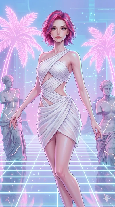 score_9, masterpiece, best quality, ultra-detailed, high-budget anime keyframe, Caucasian woman, strictly human ears. upper body close-up from the thighs up, character filling the screen for maximum presence. drifting through a holographic vaporwave 