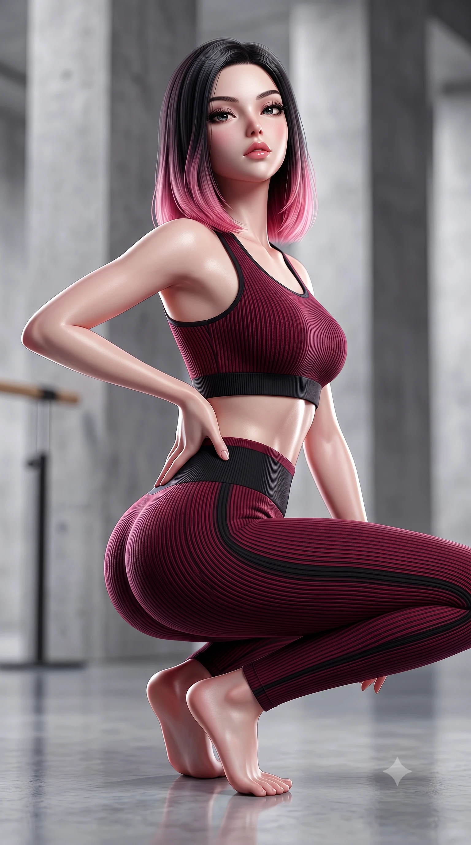 score_9, masterpiece, best quality, ultra-detailed, high-budget anime keyframe, semi-realistic 3D game render, editorial fashion photography, tasteful artistic composition, Korean woman. close-up cowboy shot from the waist and thighs up, the character dominates the composition, filling the frame with her large presence. tilting her chin up with proud, sovereign allure while gazing through thick eyelashes, one hand resting on her waist in pure supermodel charisma while crouching in a low, balanced dancer plié on the reflective floor, her athletic feminine curves and toned hips creating a breathtaking line. The composition keeps background elements in soft focus with creamy bokeh. minimalist architectural concrete pillars and barre stands softened in clean artistic depth. She has an exceptionally elegant, slender, and willowy female figure with an ultra-slim waist, a gracefully sculpted slender torso, toned flat midriff, and rounded feminine hips creating an alluring hourglass silhouette. sharp v-shaped jawline, high-bridge nose, intricate jewel-like eyes with depth, thick eyelashes, glossy parted lips with a natural sheen, intensely captivating and seductive bedroom-eyes expression, flawlessly proportioned anatomical accuracy, strict slender model proportions, natural body alignment, perfectly sculpted long slender limbs, ultra-slim waistline, clean dynamic posture without body distortion. wearing a seamless ribbed athletic crop top paired with ultra-high-waisted sculpting leggings accentuating her glutes in crimson wine red and matte black, knitted from ultra-soft fine cashmere blend with body-contouring ribbing, finished with a thin elastic waist band emphasizing her ultra-slim midriff, the glove-like aerodynamic silhouette tightly following the natural contour of her hips and long slender legs with statuesque precision. illuminated by crisp specular rim lights accentuating her narrow waist, curved hips, and long legs. highly saturated vibrant anime colors, detailed shading with soft gradients, rich glossy textures, high-contrast stereoscopic depth, volumetric dynamic lighting, master piece, 9:16 ratio