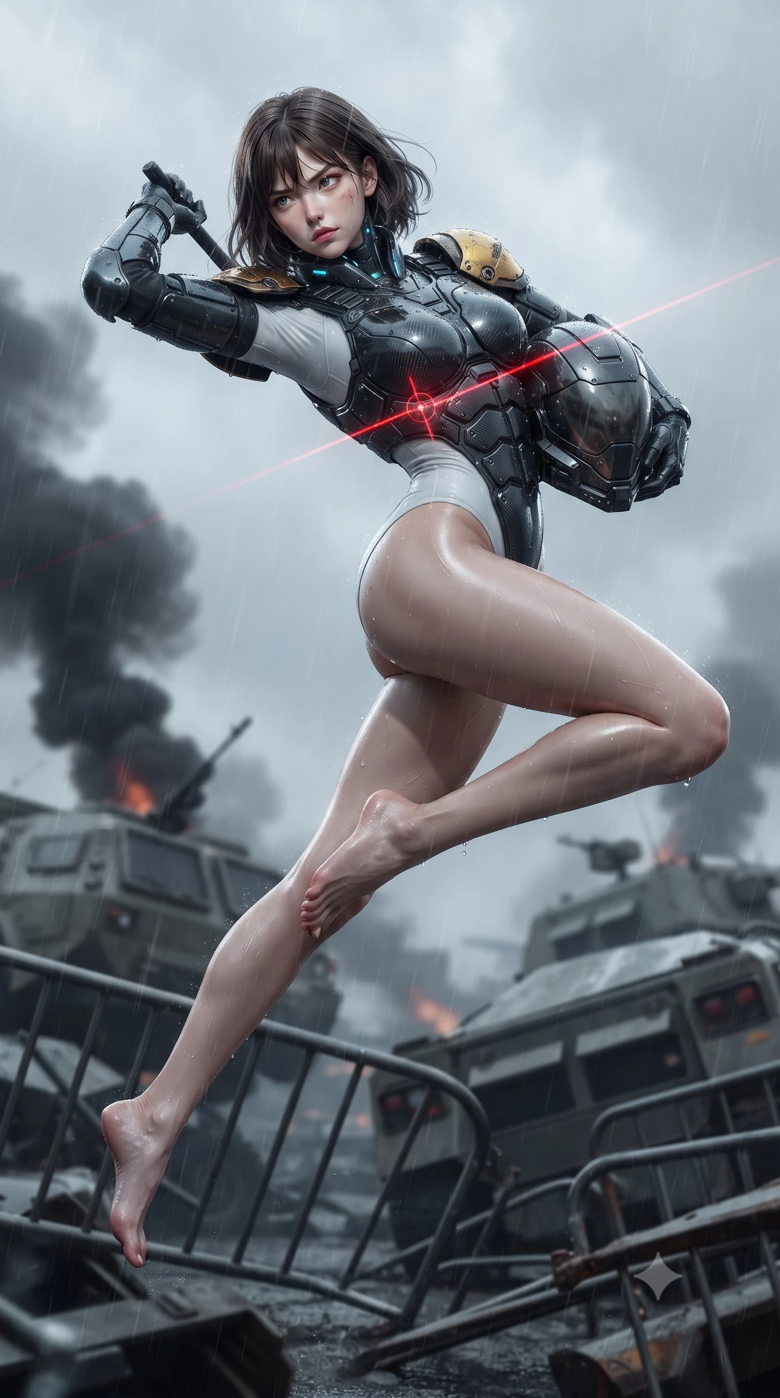 score_9, masterpiece, best quality, ultra-detailed, high-budget anime keyframe, editorial fashion photography, tasteful artistic composition, Korean woman. low angle full-body shot from head to toe showing her feet, filling the entire 9:16 vertical frame with her statuesque presence, stretching her vertical silhouette. leaping into mid-air with an athletic yet alluring arch of her spine, driving a downward kinetic strike surrounded by a ring of displaced air while pivoting dynamically across overturned armored transports as red laser targeting sights sweep across her athletic torso. The composition keeps background elements in soft focus with creamy bokeh. twisted metal barriers and rising black smoke plumes softened in moody shallow focus. She has an absolutely perfect, statuesque 8.5-heads proportion, an exceptionally tall and slender model-like female figure with impossibly long slender legs, a toned flat midriff, and an ultra-slim waist. sharp v-shaped jawline, high-bridge nose, intricate jewel-like eyes with depth, thick eyelashes, glossy lips with a natural sheen, fierce and resolute heroine expression, flawlessly proportioned anatomical accuracy, strict slender model proportions, natural body alignment, perfectly sculpted long slender limbs, ultra-slim waistline, clean dynamic posture without body distortion. holding a modular carbon battle-helmet under one arm, her flawless face and sculpted neck exposed to the rain with determined warrior focus, paired with a heavy modular carbon-fiber combat cuirass paired with a second-skin tactical leotard and reinforced titanium shoulder pauldrons in arctic white carbon composite with scratched solar gold armor plating, made of liquid carbon-jersey fabric accentuating every curve of her tall, slender model proportions, featuring a sleek aerodynamic collar framed by subtle glowing cybernetic status LEDs, the glove-like aerodynamic second-skin fit tightly clinging to her ultra-slender waist and athletic curves without adding bulk, accentuating her razor-sharp statuesque lines and slim hourglass silhouette. illuminated by crisp white key lighting with sharp specular highlights tracing her slender athletic build. ultra-reflective glossy finish, specular highlights, dark metallic sheen, high-contrast stereoscopic depth, volumetric dynamic lighting, 2k, ultra detail, master piece, 9:16 ratio