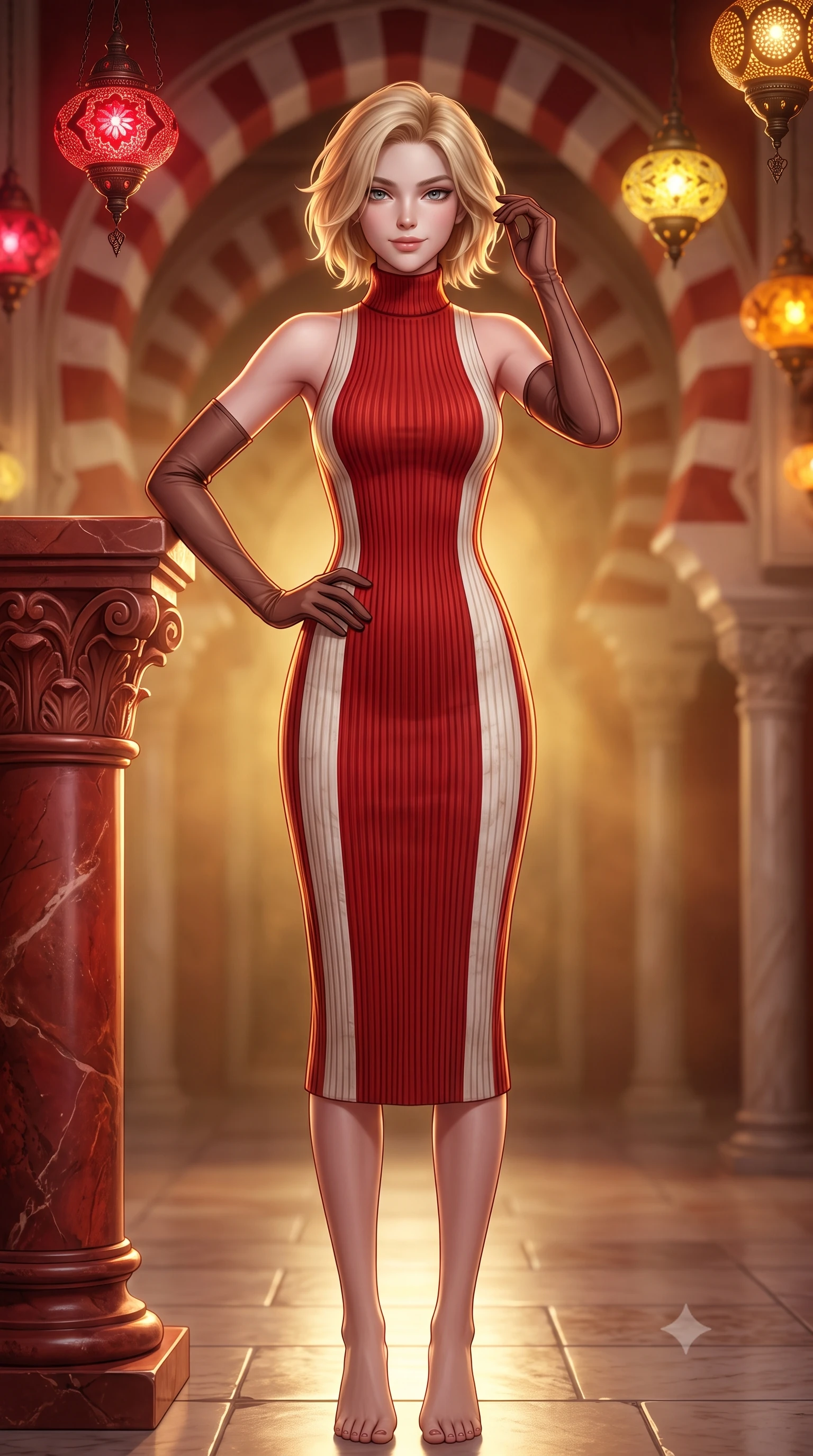 score_9, masterpiece, best quality, ultra-detailed, high-budget anime keyframe, semi-realistic 3D game render, editorial fashion photography, tasteful artistic composition, Caucasian woman. close-up cowboy shot from the waist and thighs up, the character dominates the composition, filling the frame with her large presence. twisting her slender torso in an alluring contrapposto stance, one hand resting on her sculpted hip while her fingers toy with her hair with effortless poise while leaning against a polished jasper column with hips cocked back, looking through the hypostyle vistas with heavy-lidded bedroom-eyes. The background shows a soft-focus endless repeating red-and-white striped horseshoe arches extending into golden haze, hanging pierced oil lamps blurred into ruby, topaz, and amber bokeh. She has an exceptionally elegant, slender, and willowy female figure with an ultra-slim waist, flat toned midriff, narrow ribcage, and sculpted feminine hips creating an alluring, slim hourglass silhouette without bulk. sharp v-shaped jawline, high-bridge nose, intricate jewel-like sparkling eyes with depth, thick eyelashes, glossy parted lips with a natural peach sheen, bright cheerful beaming smile with an enchanting and coquettish sensual glint, exuding both youthful cute charm and seductive allure, flawlessly proportioned anatomical accuracy, strict slender model proportions, natural body alignment, perfectly sculpted long slender limbs, ultra-slim waistline, clean dynamic posture without body distortion. wearing an ultra-sleek Icelandic thermal ribbed knit turtleneck midi dress hugging every contour of her hourglass frame in Cordoba vermilion red and ivory alabaster marble, woven from buttery-soft stretch lambskin leather adhering to her body like a second skin, complemented by sheer opera-length evening gloves tracing her slender arms, the impeccably tailored cut draping gracefully along her slender figure with aristocratic poise. illuminated by polished stone floor bounce and sharp flame-gold rim lights defining her dewy collarbones, ultra-slim waist, and curvy hips. highly saturated vibrant anime colors, detailed shading with soft gradients, rich glossy textures, high-contrast stereoscopic depth, volumetric dynamic lighting, master piece, 9:16 ratio
