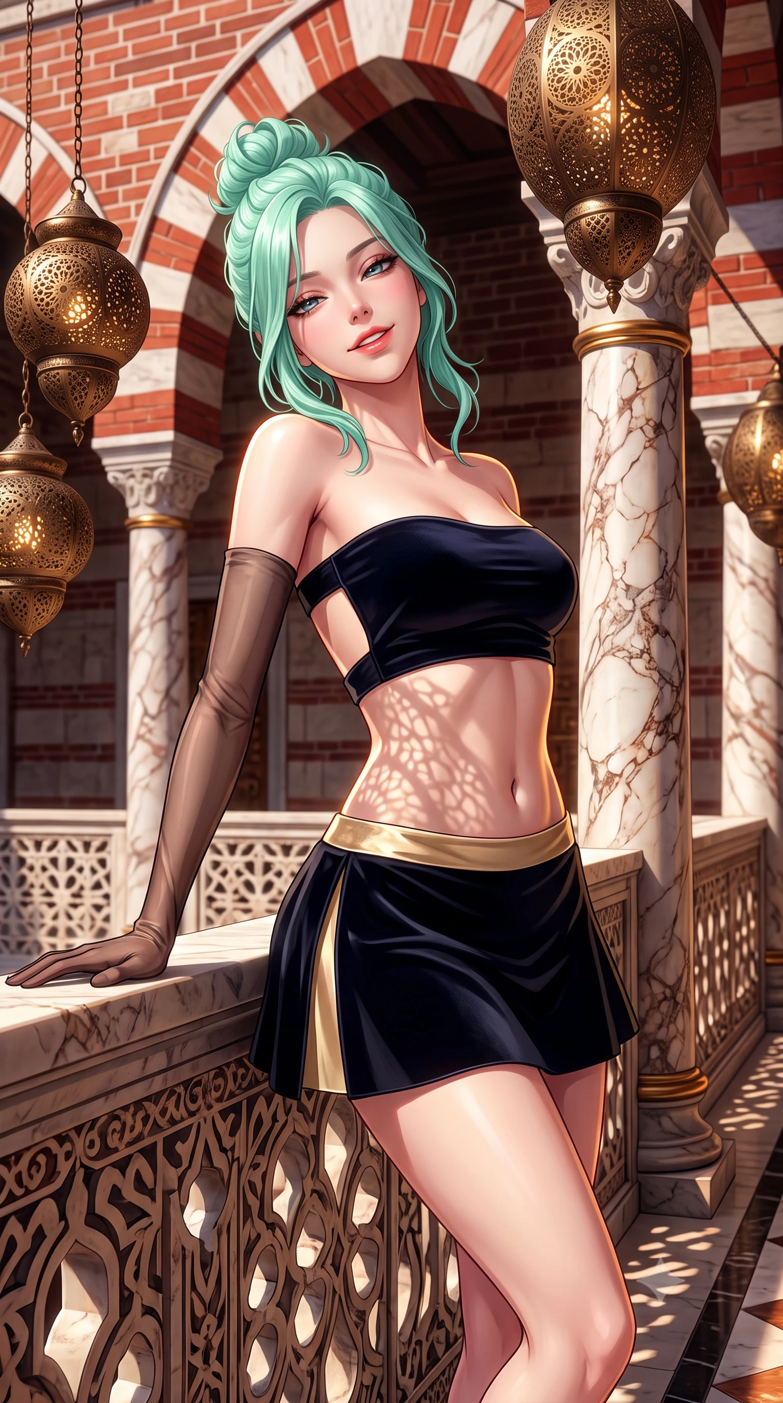 score_9, masterpiece, best quality, ultra-detailed, high-budget anime keyframe, semi-realistic 3D game render, editorial fashion photography, tasteful artistic composition, Japanese woman. close-up cowboy shot from the waist and thighs up, the character dominates the composition, filling the frame with her large presence. leaning back against the balustrade with relaxed seductive grace, head tilted back slightly while casting a hypnotic, heavy-lidded gaze while twisting her slender torso in an alluring S-curve, hanging pierced bronze oil lamps casting lace-like shadow patterns across her flat midriff and hips. The surrounding environment is rendered in vivid detail and crisp panoramic clarity: sharp red brick and white stone alternating voussoirs, polished Roman marble pillar veining, and perforated bronze lamp metalwork in deep focus. She has an exceptionally elegant, slender, and willowy female figure with an ultra-slim waist, flat toned midriff, narrow ribcage, and sculpted feminine hips creating an alluring, slim hourglass silhouette without bulk. sharp v-shaped jawline, high-bridge nose, intricate jewel-like sparkling eyes with depth, thick eyelashes, glossy parted lips with a natural peach sheen, bright cheerful beaming smile with an enchanting and coquettish sensual glint, exuding both youthful cute charm and seductive allure, flawlessly proportioned anatomical accuracy, strict slender model proportions, natural body alignment, perfectly sculpted long slender limbs, ultra-slim waistline, clean dynamic posture without body distortion. wearing an ultra-cropped fitted bandeau top paired with a micro mini tennis skirt revealing her flat midriff in deep midnight obsidian black and champagne gold, tailored from ultra-plush silk velvet with rich tactile depth and deep shadow gradients, complemented by sheer opera-length evening gloves tracing her slender arms, the precision-cut side openings and low-back scoop framing her graceful spine and the sensual sweep of her slim, toned hips. illuminated by polished stone floor bounce and sharp flame-gold rim lights defining her dewy collarbones, ultra-slim waist, and curvy hips. highly saturated vibrant anime colors, detailed shading with soft gradients, rich glossy textures, high-contrast stereoscopic depth, volumetric dynamic lighting, master piece, 9:16 ratio