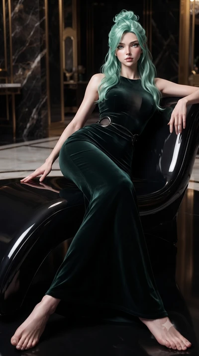 score_9, masterpiece, best quality, ultra-detailed, high-budget anime keyframe, editorial fashion photography, tasteful artistic composition, Japanese woman. low angle full-body shot from head to toe showing her feet, filling the entire 9:16 vertical