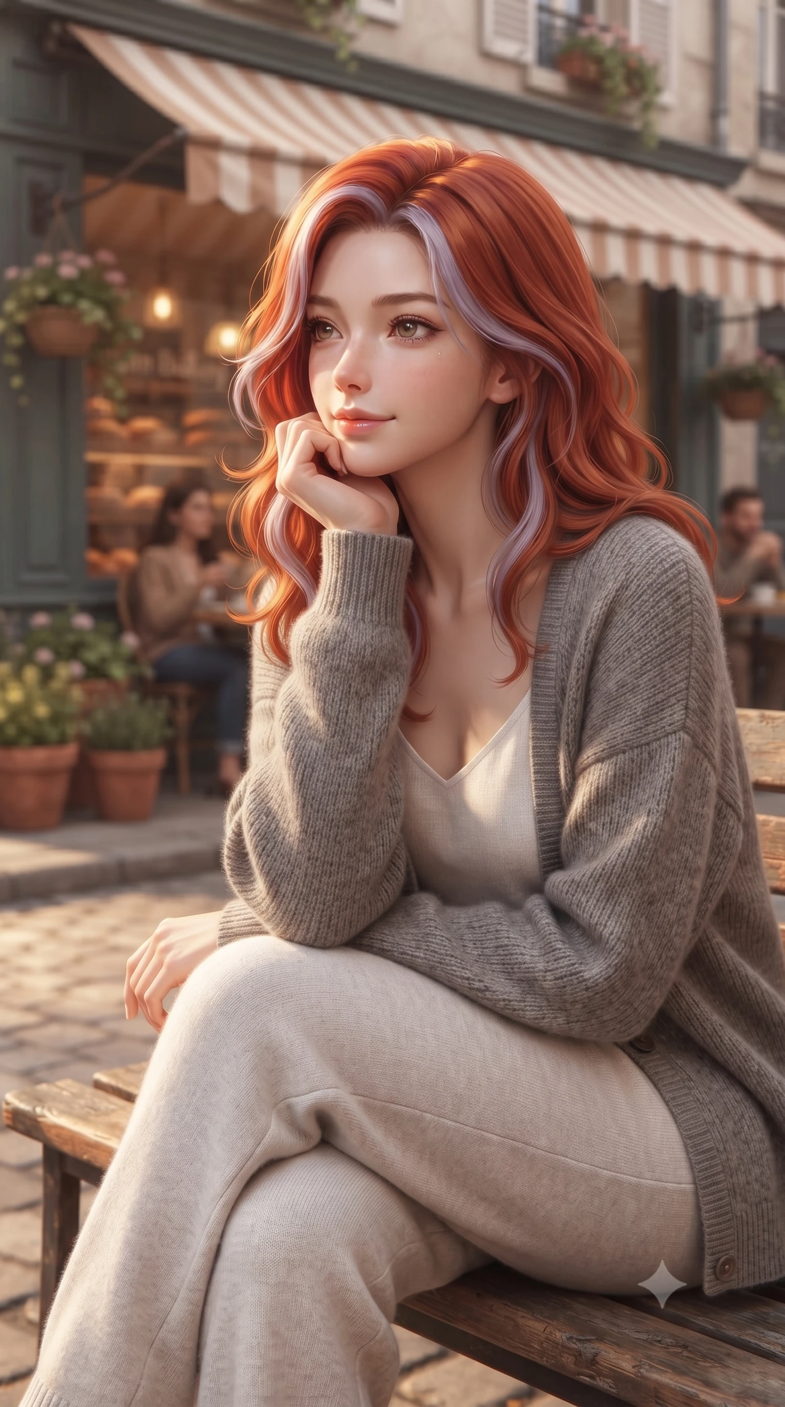 score_9, masterpiece, best quality, ultra-detailed, high-budget anime keyframe, editorial fashion photography, tasteful artistic composition, Caucasian woman woman. close-up cowboy shot from the waist and thighs up, the character dominates the composition, filling the frame with her large presence, background elements kept in soft focus. resting her chin on her hand, looking out at the beautiful scenery with a soft smile the background shows a soft-focus a wooden bench outside a cozy bakery, with the scent of fresh bread in the soft focus air. She has an exceptionally elegant, slender, and willowy female figure with an ultra-slim waist, a gracefully sculpted slender torso, and a refined silhouette. sharp v-shaped jawline, high-bridge nose, intricate jewel-like eyes with depth, thick eyelashes, glossy lips with a natural sheen. wearing a form-contouring cozy grey knit cardigan worn over a white linen slip top and matching soft cotton pants. warm morning sunbeams casting a cozy amber glow. ultra-reflective glossy finish, specular highlights, metallic sheen, high-contrast stereoscopic depth, volumetric dynamic lighting, 2k, ultra detail, master piece, 9:16 ratio
