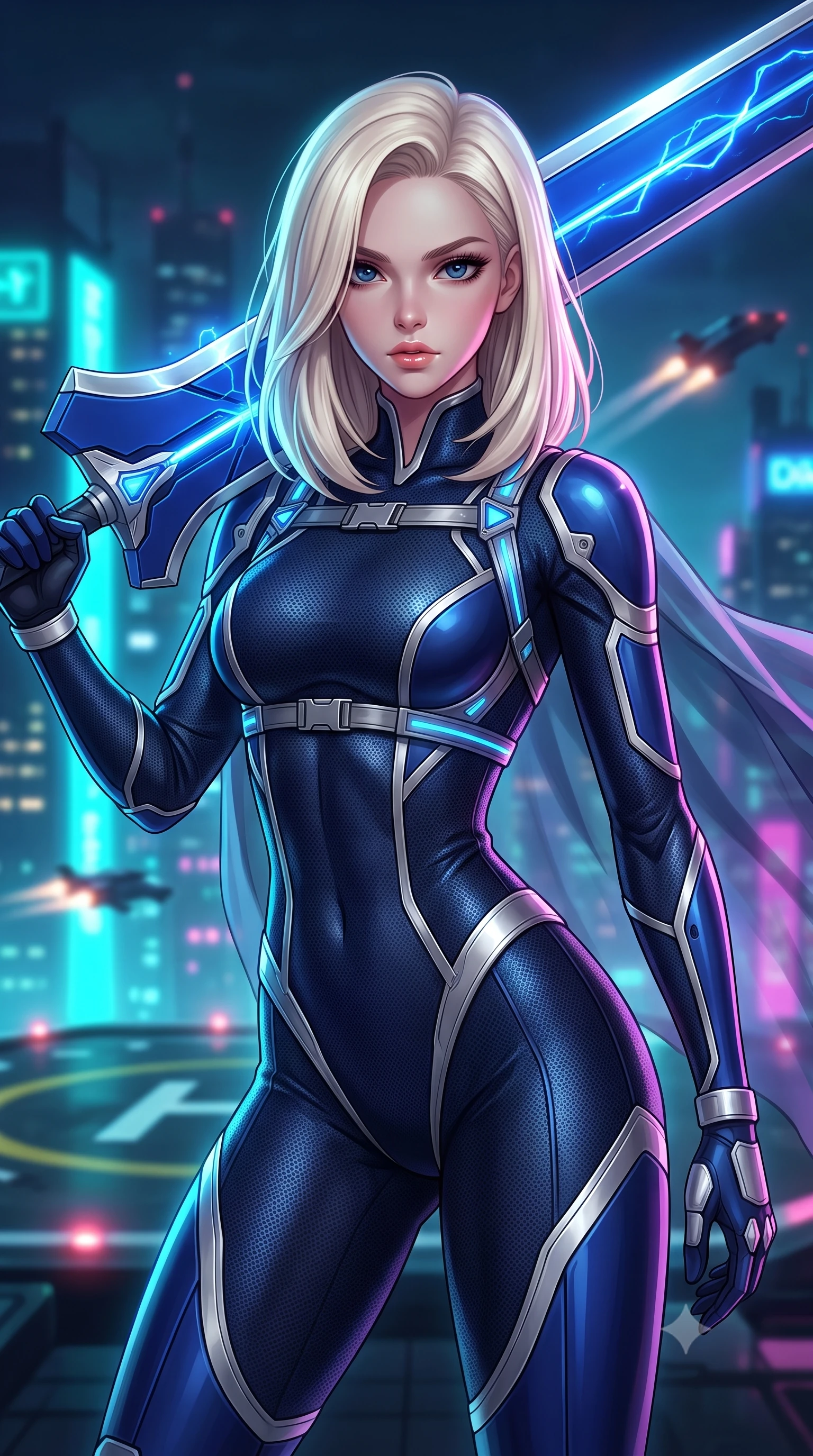 score_9, masterpiece, best quality, ultra-detailed, high-budget anime keyframe, semi-realistic 3D game render, editorial fashion photography, tasteful artistic composition, Caucasian woman. close-up cowboy shot from the waist and thighs up, the character dominates the composition, filling the frame with her large presence. looking into the camera lens with intense, captivating depth, softly parted glossy lips and thick eyelashes framing her fierce battle-ready gaze while arching her spine in a fluid combat stance as high-altitude winds billow her sheer tactical cape against the glowing city skyline. The composition keeps background elements in soft focus with creamy bokeh. helipad landing lights and flying vehicle exhaust trails softened in moody shallow focus. She has an exceptionally elegant, slender, and willowy female figure with an ultra-slim waist, a gracefully sculpted slender torso, toned flat midriff, and a refined slim silhouette. sharp v-shaped jawline, high-bridge nose, intricate jewel-like eyes with depth, thick eyelashes, glossy lips with a natural sheen, flawlessly proportioned anatomical accuracy, strict slender model proportions, natural body alignment, perfectly sculpted long slender limbs, ultra-slim waistline, clean dynamic posture without body distortion. wearing a statuesque midnight cobalt carbon-fiber armor-suit with platinum trim and an ultra-slim waistline, resting a massive sleek high-frequency anti-material greatsword across her shoulder in electric cobalt blue carbon with polished platinum trim, tailored from flexible second-skin carbon-mesh that clings flawlessly to her athletic curves, reinforced by a sleek titanium tactical harness and glowing micro-energy straps, the liquid-tight tailored fabric emphasizing every curve of her tall, slender model proportions and sculptured silhouette during dynamic movement. bathed in vivid high-contrast neon cyan and magenta city backlighting with electric blade glow. rich saturated anime colors with glowing neon highlights, detailed shading with soft gradients, rich glossy textures, high-contrast stereoscopic depth, volumetric dynamic lighting, master piece, 9:16 ratio