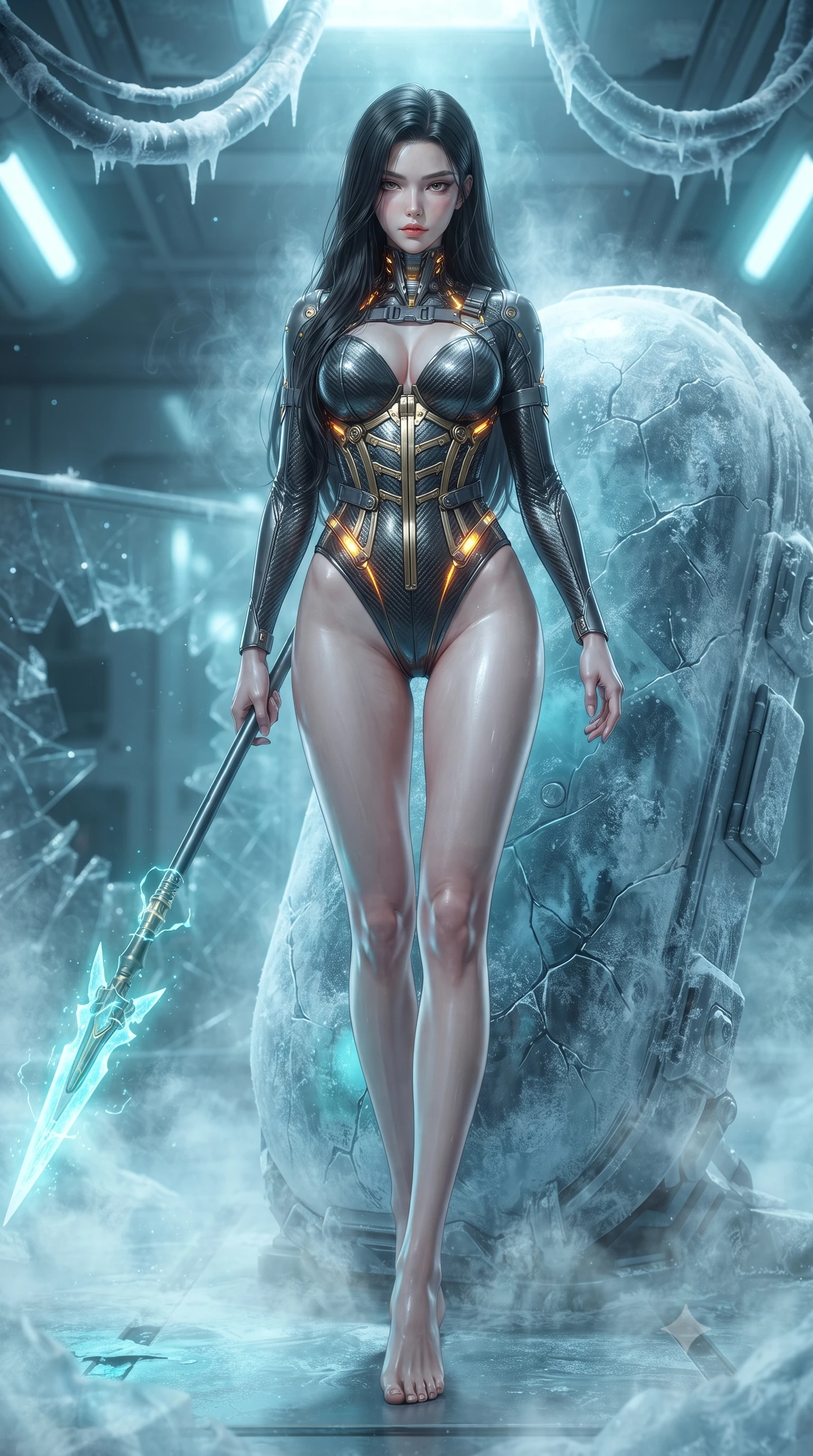 score_9, masterpiece, best quality, ultra-detailed, high-budget anime keyframe, editorial fashion photography, tasteful artistic composition, Korean woman. low angle full-body shot from head to toe showing her feet, filling the entire 9:16 vertical frame with her statuesque presence, stretching her vertical silhouette. striding forward with commanding supermodel grace, weapon held at the ready, her 8.5-heads statuesque silhouette dominating the vertical frame from head to toe while resting against a frozen stasis pod with the spear grounded, casting a cool, smoldering gaze through ice-crystal mist. The composition keeps background elements in soft focus with creamy bokeh. shattered security barriers and overhead frosted conduits softened in quiet atmospheric focus. She has an absolutely perfect, statuesque 8.5-heads proportion, an exceptionally tall and slender model-like female figure with impossibly long slender legs, a toned flat midriff, and an ultra-slim waist. sharp v-shaped jawline, high-bridge nose, intricate jewel-like eyes with depth, thick eyelashes, glossy lips with a natural sheen, flawlessly proportioned anatomical accuracy, strict slender model proportions, natural body alignment, perfectly sculpted long slender limbs, ultra-slim waistline, clean dynamic posture without body distortion. wearing a precision-tailored high-fashion carbon-fiber corset bodysuit with gold mechanical rib boning, wielding a glowing energy katana with royal elegance in molten amber-gold carbon cuirass with dark titanium weave, made of lightweight aerodynamic carbon-titanium alloy with polished edge bevels, reinforced by a sleek titanium tactical harness and glowing micro-energy straps, the form-contouring material adhering flawlessly to her sculpted flat midriff and slender torso, emphasizing her long leg lines and perfectly proportioned willowy build. bathed in glowing cyan cryo-energy spear radiance and cool white emergency strobe lighting. ultra-reflective glossy finish, specular highlights, dark metallic sheen, high-contrast stereoscopic depth, volumetric dynamic lighting, 2k, ultra detail, master piece, 9:16 ratio