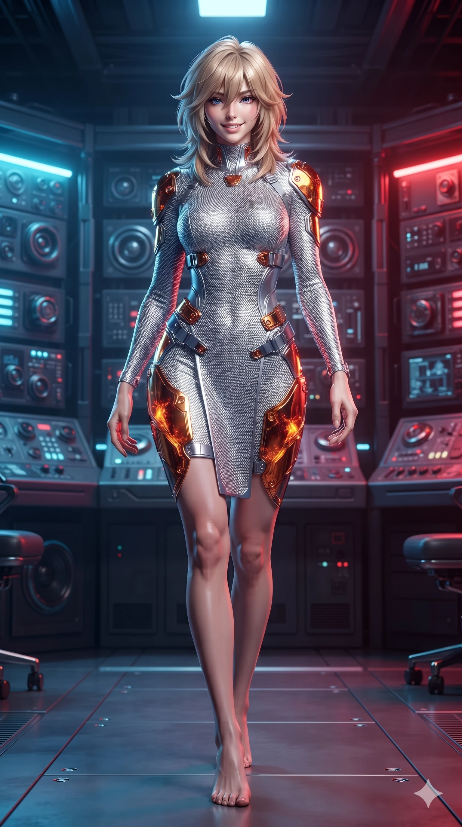 score_9, masterpiece, best quality, ultra-detailed, high-budget anime keyframe, editorial fashion photography, tasteful artistic composition, Japanese woman. low angle full-body shot from head to toe showing her feet, filling the entire 9:16 vertical frame with her statuesque presence, stretching her vertical silhouette. stepping slowly toward the camera with hypnotic grace, hips swaying in an alluring sensual rhythm that accentuates her curvy hourglass silhouette and long slender legs while twisting her slender torso in an alluring S-curve, the dramatic split of cool blue relativistic light and warm crimson fire carving her flat midriff and hourglass curves. The surrounding environment is rendered in vivid detail and crisp panoramic clarity: sharp sensor lens housings, precision superconducting magnetic coils, and polished chrome console dials in deep focus. She has an absolutely perfect, statuesque 8.5-heads proportion, an exceptionally tall and slender model-like female figure with impossibly long slender legs, an ultra-slim waist, a flat toned midriff, narrow delicate ribcage, and beautifully sculpted feminine hips creating a graceful, slim hourglass silhouette without any bulky heaviness. sharp v-shaped jawline, high-bridge nose, intricate jewel-like sparkling eyes with depth, thick eyelashes, glossy parted lips with a natural sheen, bright confident smile with an enchanting and coquettish sensual glint, exuding both youthful magnetic charm and sovereign high-tech allure, flawlessly proportioned anatomical accuracy, strict slender model proportions, natural body alignment, perfectly sculpted long slender limbs, ultra-slim waistline, clean dynamic posture without body distortion. wearing a form-contouring delicate silver nano-mesh bodysuit with strategically placed chrome armor plate guards covering key curves in fiery geothermal copper and molten amber glow, formed from supple thermal silicone composite adhering seamlessly like a second skin, finished with polished chrome buckle hardware and modular magnetic holster clasps, the high-slit tactical tailoring accentuating her ultra-slim waistline and the enchanting curve of her feminine hips with alluring seductive charm. illuminated by polished floor bounce and sharp dual cyan-crimson rim lights defining her razor-sharp jawline, narrow waist, and curvy hips. ultra-reflective glossy finish, specular highlights, rich textural contrasts, high-contrast stereoscopic depth, volumetric dynamic lighting, 2k, ultra detail, master piece, 9:16 ratio