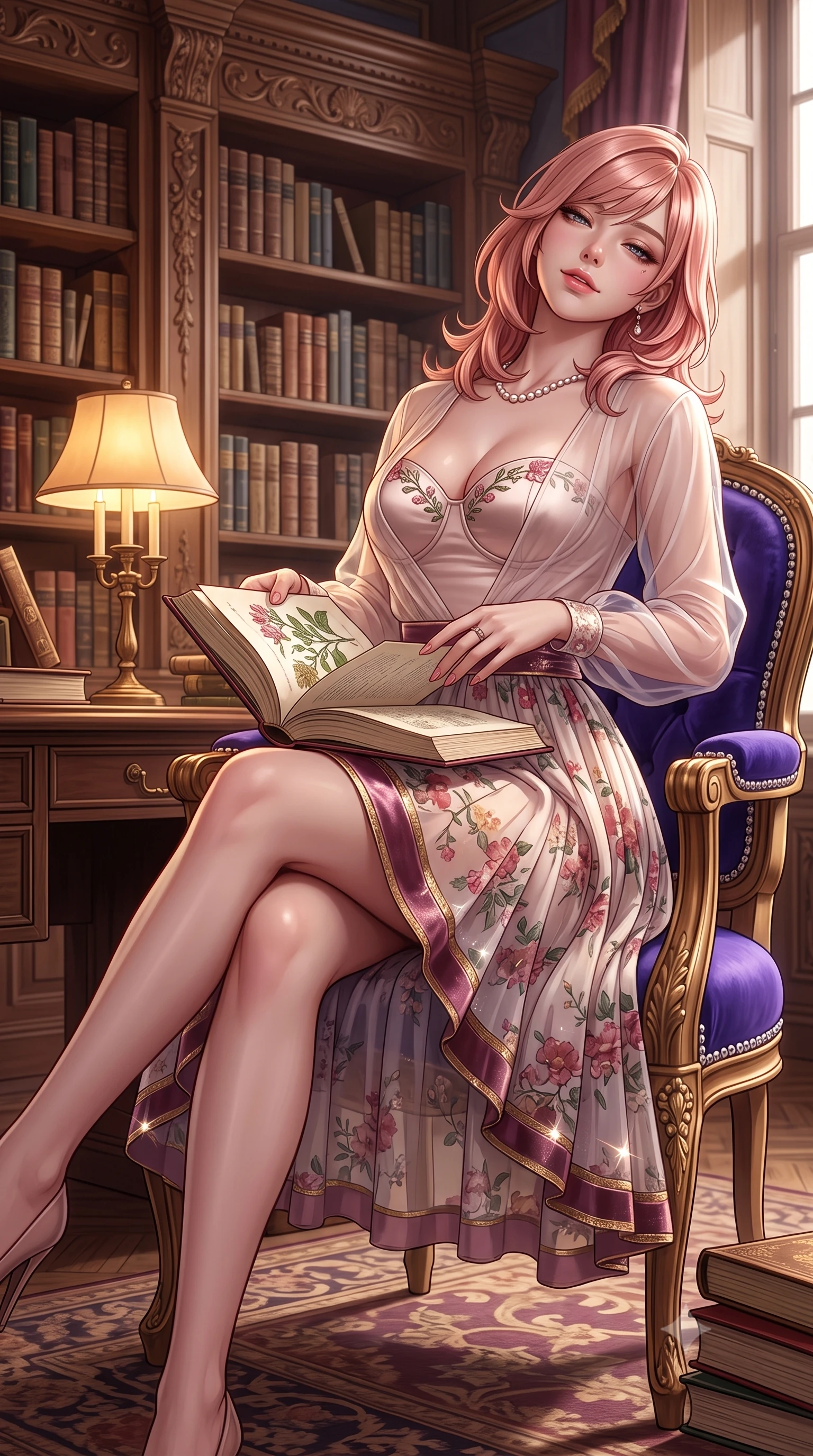 score_9, masterpiece, best quality, ultra-detailed, high-budget anime keyframe, semi-realistic 3D game render, editorial fashion photography, tasteful artistic composition, Japanese woman. close-up cowboy shot from the waist and thighs up, the character dominates the composition, filling the frame with her large presence. leaning back against the balustrade with relaxed seductive grace, head tilted back slightly while casting a hypnotic, heavy-lidded gaze while perched sideways on an antique velvet armchair with legs crossed, holding a botanical illustration book with effortless intellectual allure. The surrounding environment is rendered in vivid detail and crisp panoramic clarity: detailed sheer organza blouse drape, dainty pearl necklace shine, and historical library furnishings in high resolution. She has an exceptionally elegant, slender, and willowy female figure with an ultra-slim waist, flat toned midriff, narrow ribcage, and sculpted feminine hips creating an alluring, slim hourglass silhouette without bulk. sharp v-shaped jawline, high-bridge nose, sparkling eyes with hypnotic seductive depth, thick curled eyelashes, glossy parted lips with a natural dewy peach sheen, alluring bedroom-eyes with an enchanting coquettish smile, exuding magnetic siren charisma and sophisticated glamour, flawlessly proportioned anatomical accuracy, strict slender model proportions, natural body alignment, perfectly sculpted long slender limbs, ultra-slim waistline, clean dynamic posture without body distortion. wearing a strapless boned satin bustier paired with an airy micro-pleated floral chiffon skirt framing her hourglass hips in high-roller royal purple velvet and gilded bronze with crystal trims, woven from stretch metallic lurex jersey casting radiant starlight glints across her silhouette, finished with delicate floral vine embroidery tracing along her sweetheart neckline with intimate elegance, the form-contouring silhouette accentuating her sculpted flat midriff, narrow delicate ribcage, and gracefully curvy hips with intoxicating allure. bathed in warm 3000K desk lamp glow mixed with soft natural window daylight. highly saturated vibrant anime colors, detailed shading with soft gradients, rich glossy textures, high-contrast stereoscopic depth, volumetric dynamic lighting, master piece, 9:16 ratio