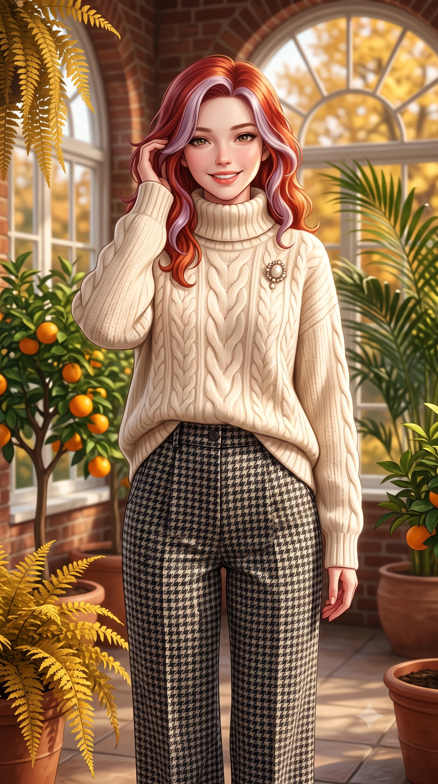 score_9, masterpiece, best quality, ultra-detailed, high-budget anime keyframe, semi-realistic 3D game render, editorial fashion photography, tasteful artistic composition, Caucasian woman. close-up cowboy shot from the waist and thighs up, the character dominates the composition, filling the frame with her large presence. gently brushing a lock of hair behind her ear with one hand while flashing a radiant, joyful smile while standing amidst potted citrus trees and cascading golden ferns inside the historic brick orangery, smiling warmly at the camera. The background shows a soft-focus arched multi-pane conservatory windows, lush potted palm fronds, and golden maple trees outside blurred into honey, terracotta, and olive bokeh. She has an exceptionally elegant, slender, and willowy female figure with an ultra-slim waist, flat toned midriff, narrow ribcage, and sculpted feminine hips creating an alluring, slim hourglass silhouette without bulk. sharp v-shaped jawline, high-bridge nose, intricate jewel-like sparkling eyes with depth, thick eyelashes, glossy parted lips with a natural peach sheen, bright cheerful beaming smile with an enchanting and coquettish sensual glint, exuding both youthful cute charm and seductive allure, flawlessly proportioned anatomical accuracy, strict slender model proportions, natural body alignment, perfectly sculpted long slender limbs, ultra-slim waistline, clean dynamic posture without body distortion. wearing an oversized chunky cable-knit cashmere roll-neck sweater paired with brushed wool flannel wide-leg trousers in classic Savile Row charcoal houndstooth and crisp ivory, tailored from heritage British Harris Tweed with rich multi-tonal yarn weave, complemented by an antique baroque pearl brooch pinned tastefully on the lapel, the expertly draped wool fabric falling in crisp fluid lines along her tall 8.5-heads silhouette, celebrating her slender frame without excess fabric bulk. bathed in warm 3200K autumn sunlight streaming through floor-to-ceiling arched south-facing conservatory windows. highly saturated vibrant anime colors, detailed shading with soft gradients, rich glossy textures, high-contrast stereoscopic depth, volumetric dynamic lighting, master piece, 9:16 ratio