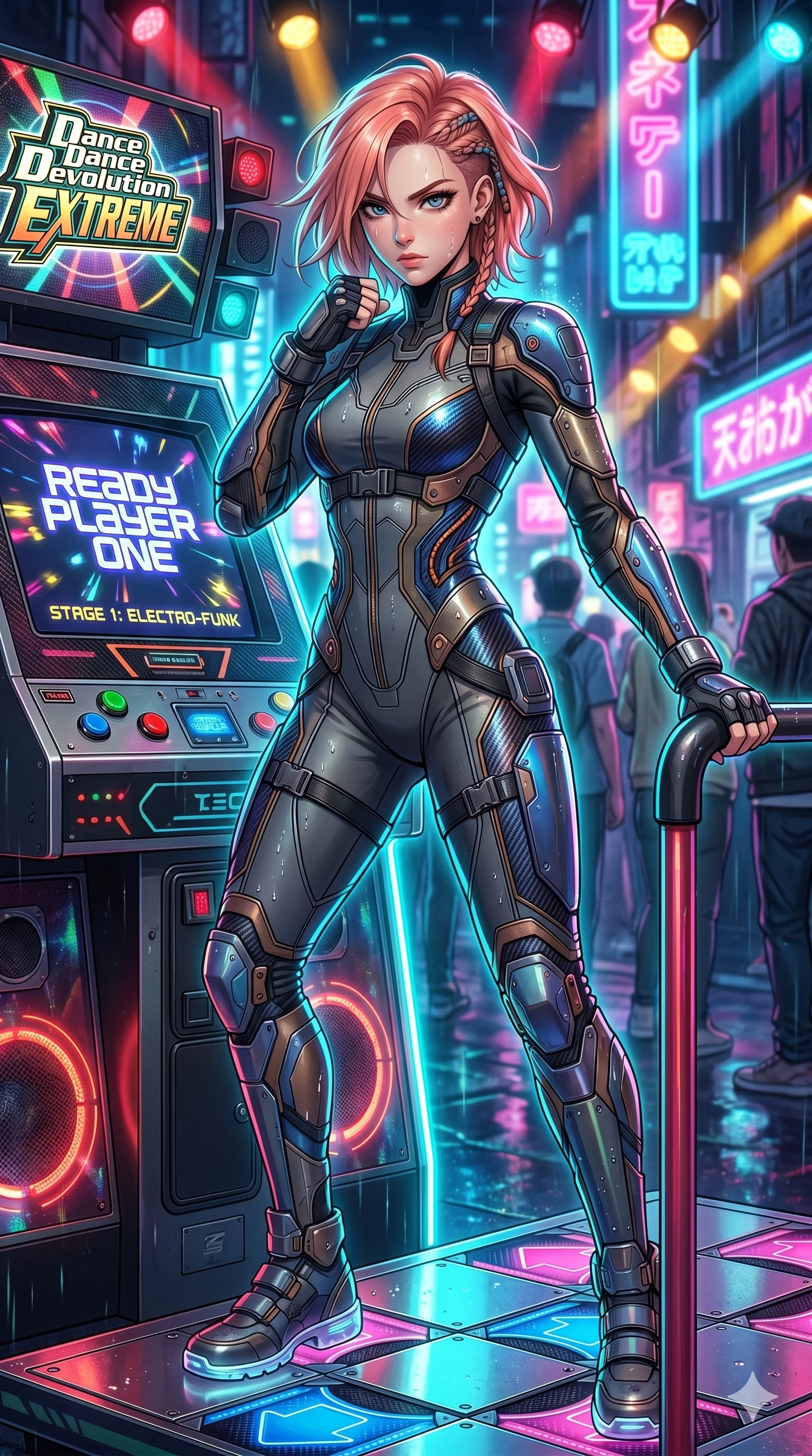 score_9, masterpiece, best quality, ultra-detailed, high-budget anime keyframe, Japanese woman. Upper body close-up from the thighs up, character filling the screen for maximum presence. Standing next to a retro dance machine, ready to play, striking a confident starting pose with a bold, intense gaze. She is wearing a high-fashion tech-jumpsuit with structured panel overlays and boots. The scene is drenched in flashing multi-colored spotlights and neon cyan rim lights. 2k, ultra detail, master piece, 9:16 ratio