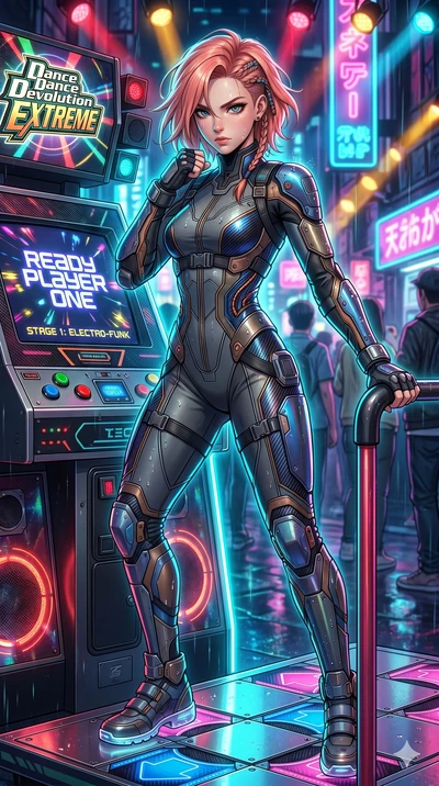 score_9, masterpiece, best quality, ultra-detailed, high-budget anime keyframe, Japanese woman. Upper body close-up from the thighs up, character filling the screen for maximum presence. Standing next to a retro dance machine, ready to play, striking