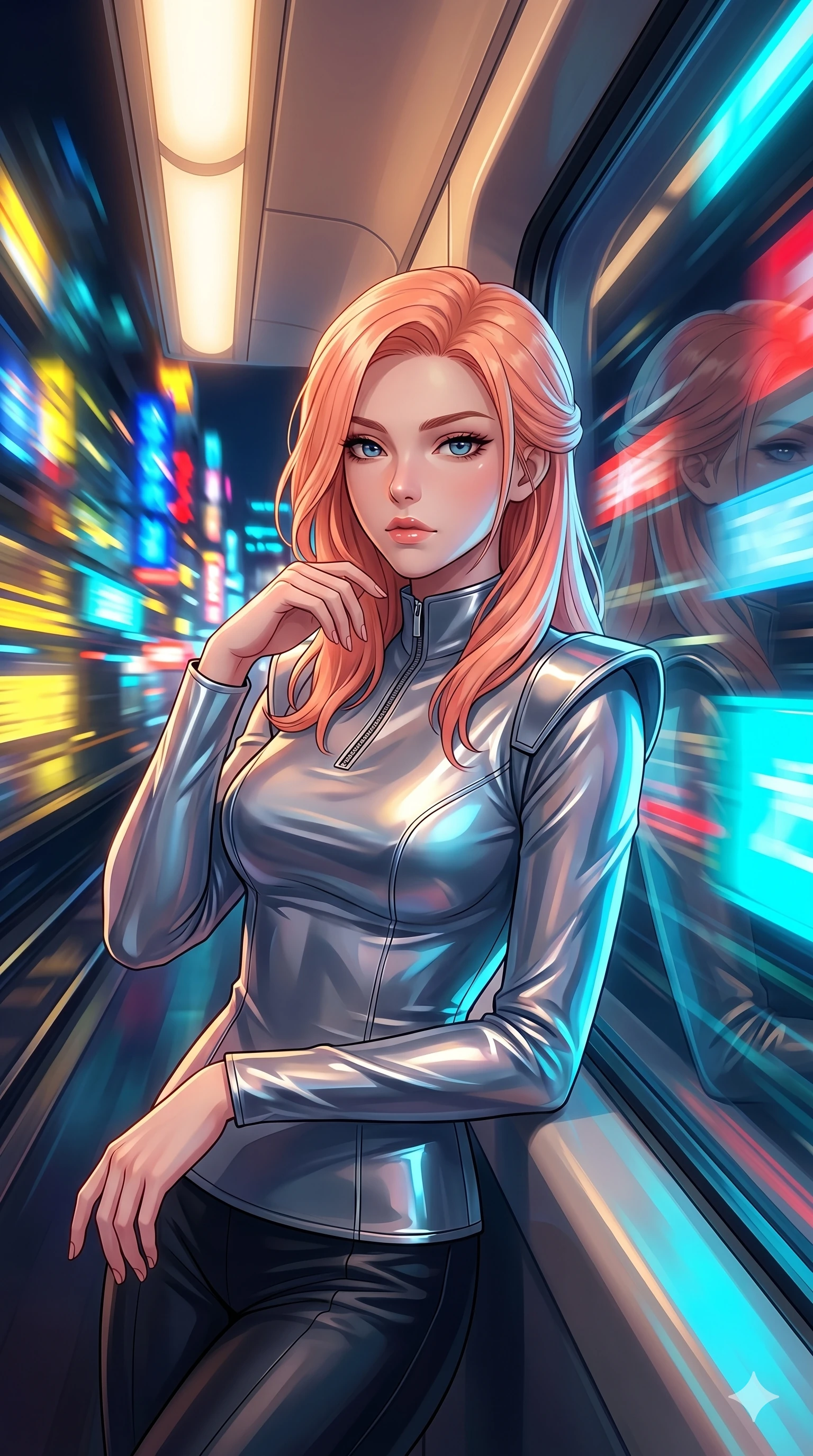 score_9, masterpiece, best quality, ultra-detailed, high-budget anime keyframe, Japanese woman. Upper body close-up from the thighs up, character filling the screen for maximum presence. She is leaning against a train window in a speeding magnetic train, with city neon lights blurring outside. She turns her face to the camera with a commanding, contemplative expression. She has an absolutely perfect 8-heads proportion, a tall and elegant figure with a refined silhouette and a defined waistline. V-shaped jawline, high-bridge nose, intricate jewel-like eyes with depth, thick eyelashes, glossy lips with a natural sheen. She is wearing a sleek tailored top in liquid-chrome finish that complements her silhouette, styled with sophisticated architectural shoulder accents and a modern zip collar. The scene is bathed in passing yellow and blue city lights and a soft glowing interior ceiling light. 2k, ultra detail, master piece, 9:16 ratio