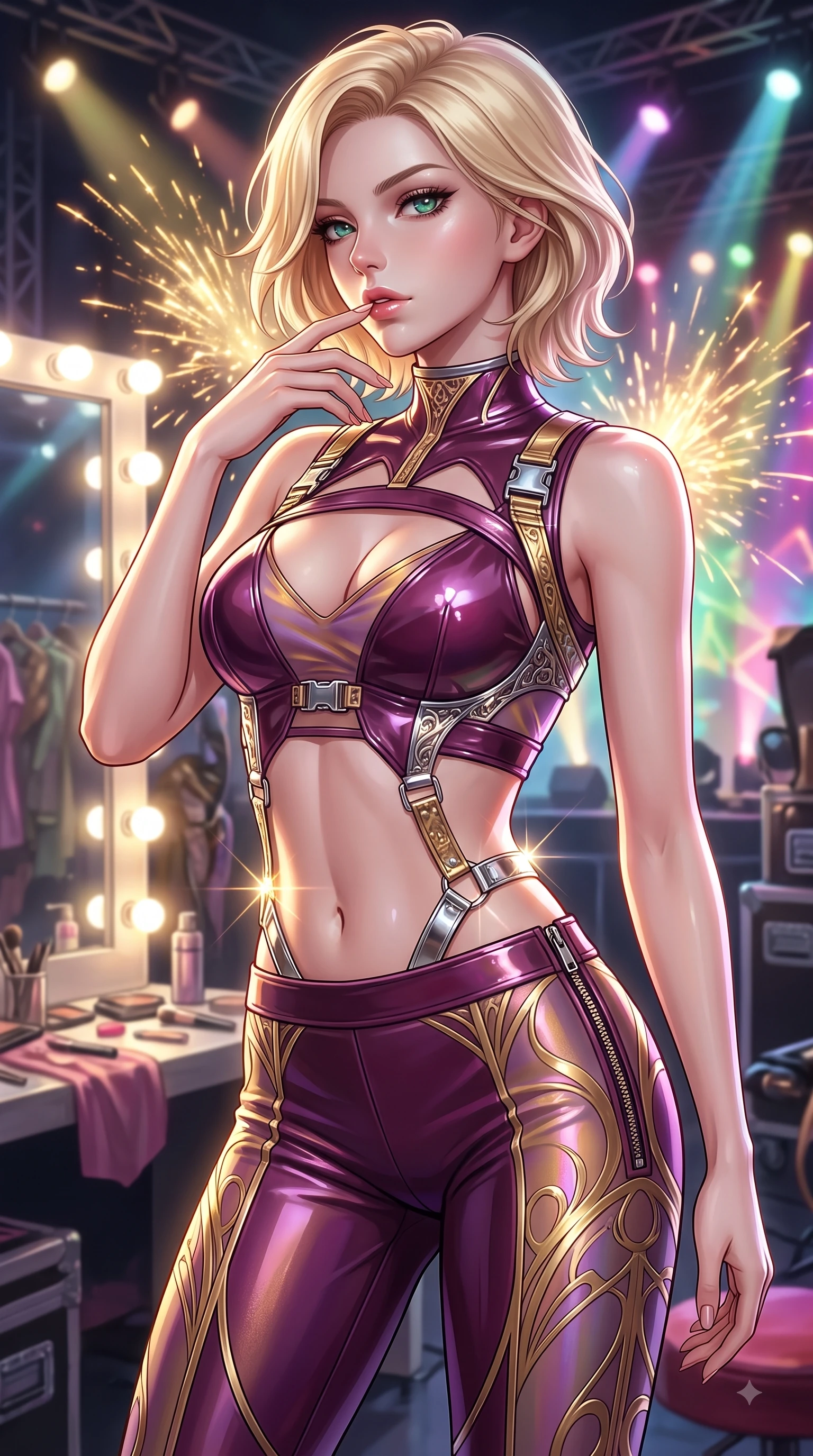 score_9, masterpiece, best quality, ultra-detailed, high-budget anime keyframe, editorial fashion photography, tasteful artistic composition, Caucasian woman. close-up cowboy shot from the waist and thighs up, the character dominates the composition, filling the frame with her large presence, background elements kept in soft focus. Resting two fingers near her glossy lips, casting a sharp mysterious side-gaze during her dynamic motion while resting near a glowing vanity mirror backstage as stage lights trace her contoured waist, metallic harness accents and chrome buckles catching sharp specular sunbursts. She has an exceptionally elegant, slender, and willowy female figure with an ultra-slim waist, a gracefully sculpted slender torso, and a refined silhouette. sharp v-shaped jawline, high-bridge nose, intricate jewel-like eyes with depth, thick eyelashes, glossy lips with a natural sheen, flawlessly proportioned anatomical accuracy, natural body alignment, perfectly sculpted elegant limbs, clean dynamic posture without body distortion. wearing a glossy vinyl crop top and high-waist tailored leggings with sleek zippers in plum purple and gold filigree, crafted from iridescent chiffon that shifts colors in the light, featuring clean architectural cutouts along her slender torso, the form-contouring material highlighting her ultra-slim waist and long lines. illuminated by golden spark explosions and high-contrast concert lighting. highly saturated vibrant anime colors, detailed shading with soft gradients, rich glossy textures, high-contrast stereoscopic depth, volumetric dynamic lighting, master piece, 9:16 ratio