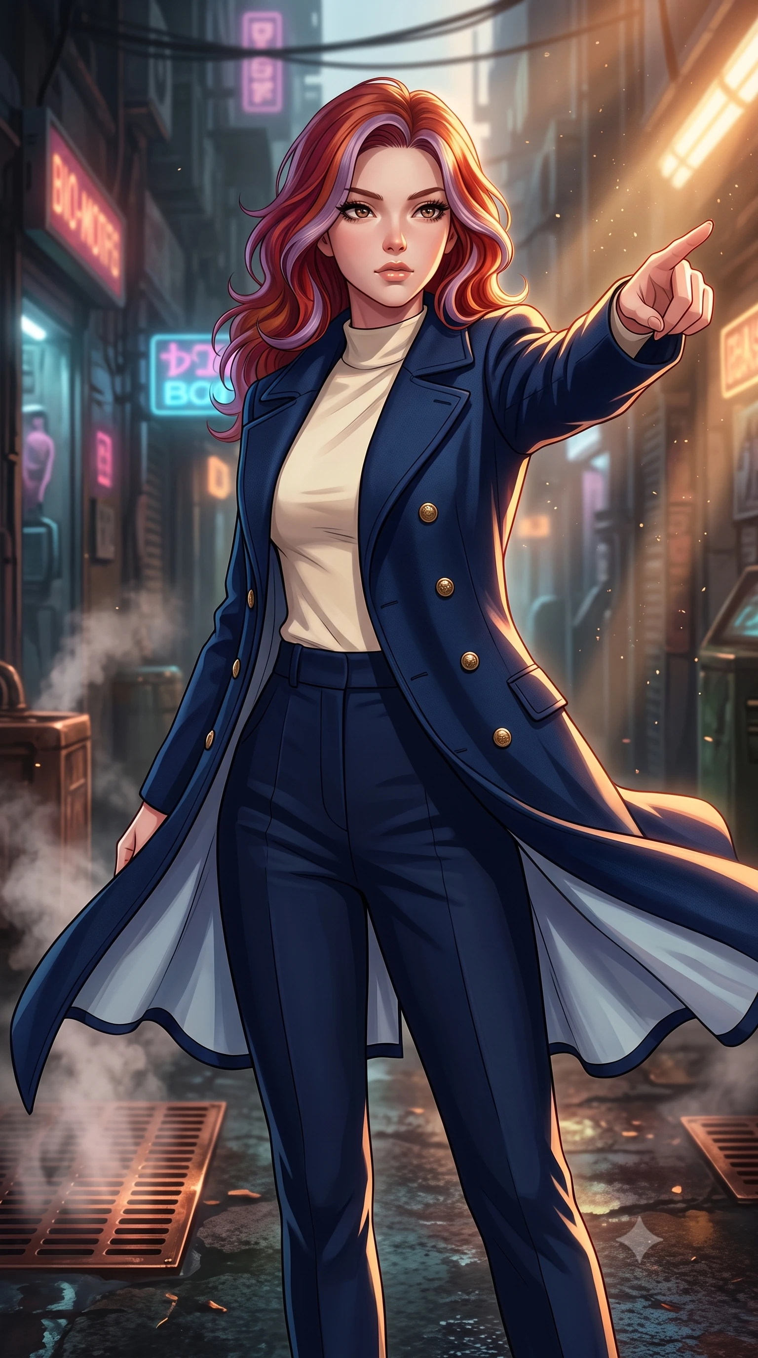 score_9, masterpiece, best quality, ultra-detailed, high-budget anime keyframe, editorial fashion photography, tasteful artistic composition, Caucasian woman, strictly human ears. close-up cowboy shot from the waist and thighs up, the character dominates the composition, filling the frame with her large presence, background elements kept in soft focus. Commanding the starship crew with a decisive gesture, pointing toward the galactic viewscreen. set against a soft-focus background of a damp cyber-slum alleyway crowded with illegal bio-modification booths and steam rising from copper grates. She has an exceptionally elegant and slender, willowy female figure with an ultra-slim waist, a gracefully sculpted slender torso, and a refined slim physique. sharp v-shaped jawline, high-bridge nose, intricate jewel-like eyes with depth, thick eyelashes, glossy lips with a natural sheen. wearing the lightweight fabric rippling and billowing dramatically with her movement, a tailored structured space-navy bridge coat in deep navy blue wool with double-breasted brass buttons, worn over a cream mock-neck top and navy trousers. highly saturated vibrant anime colors, intense vivid color palette, soft 3D volumetric shading, volumetric dynamic lighting, golden hour sunlight streaming in warm shafts with floating dust particles catching the light. 2k, ultra detail, master piece, 9:16 ratio