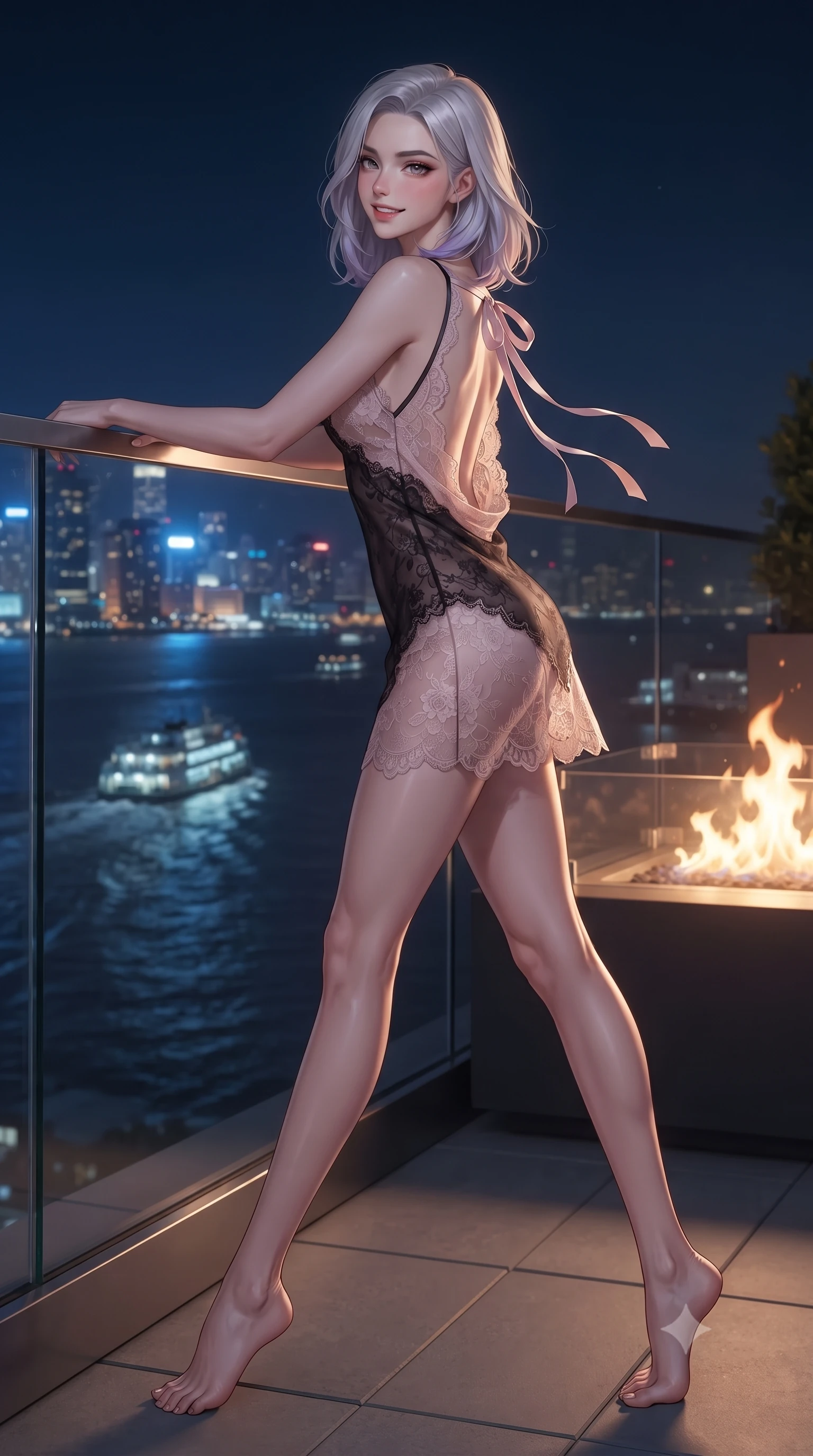 score_9, masterpiece, best quality, ultra-detailed, high-budget anime keyframe, editorial fashion photography, tasteful artistic composition, Caucasian woman. low angle full-body shot from head to toe showing her feet, filling the entire 9:16 vertical frame with her statuesque presence, stretching her vertical silhouette. stepping forward in a confident stride, her long slender legs and curvaceous hips creating a dynamic, sweeping vertical line while leaning against the glass railing with hips cocked back, looking over illuminated ferry wakes with smoldering bedroom-eyes. The background shows a soft-focus dancing flames of the terrace fire pit softened in premier waterfront penthouse shallow focus. She has an exceptionally tall and slender model-like 8.5-heads proportion, an ultra-slim waist, a flat toned midriff, narrow delicate ribcage, and beautifully sculpted feminine hips creating a graceful, slim hourglass silhouette without any bulky heaviness, with impossibly long slender legs. sharp v-shaped jawline, high-bridge nose, intricate jewel-like sparkling eyes with depth, thick eyelashes, glossy parted lips with a natural peach sheen, bright cheerful beaming smile with an enchanting and coquettish sensual glint, exuding both youthful cute charm and seductive allure, flawlessly proportioned anatomical accuracy, strict slender model proportions, natural body alignment, perfectly sculpted long slender limbs, ultra-slim waistline, clean dynamic posture without body distortion. wearing a delicate semi-sheer Chantilly lace slip dress with scalloped eyelash edges and an open cowl back in Kyoto moonlit sakura blush and polished urushi black, made of delicate semi-sheer French Chantilly lace with intricate eyelash edges, finished with satin ribbon ties at the shoulders fluttering in the gentle breeze, the glove-like clinging cut tightly following the natural contour of her hips and long slender legs with youthful 8.5-heads elegance. bathed in the warm dancing 2400K hearth light of the outdoor fire bowl contrasted with electric cityscape ambient. ultra-reflective glossy finish, specular highlights, rich textural contrasts, high-contrast stereoscopic depth, volumetric dynamic lighting, 2k, ultra detail, master piece, 9:16 ratio