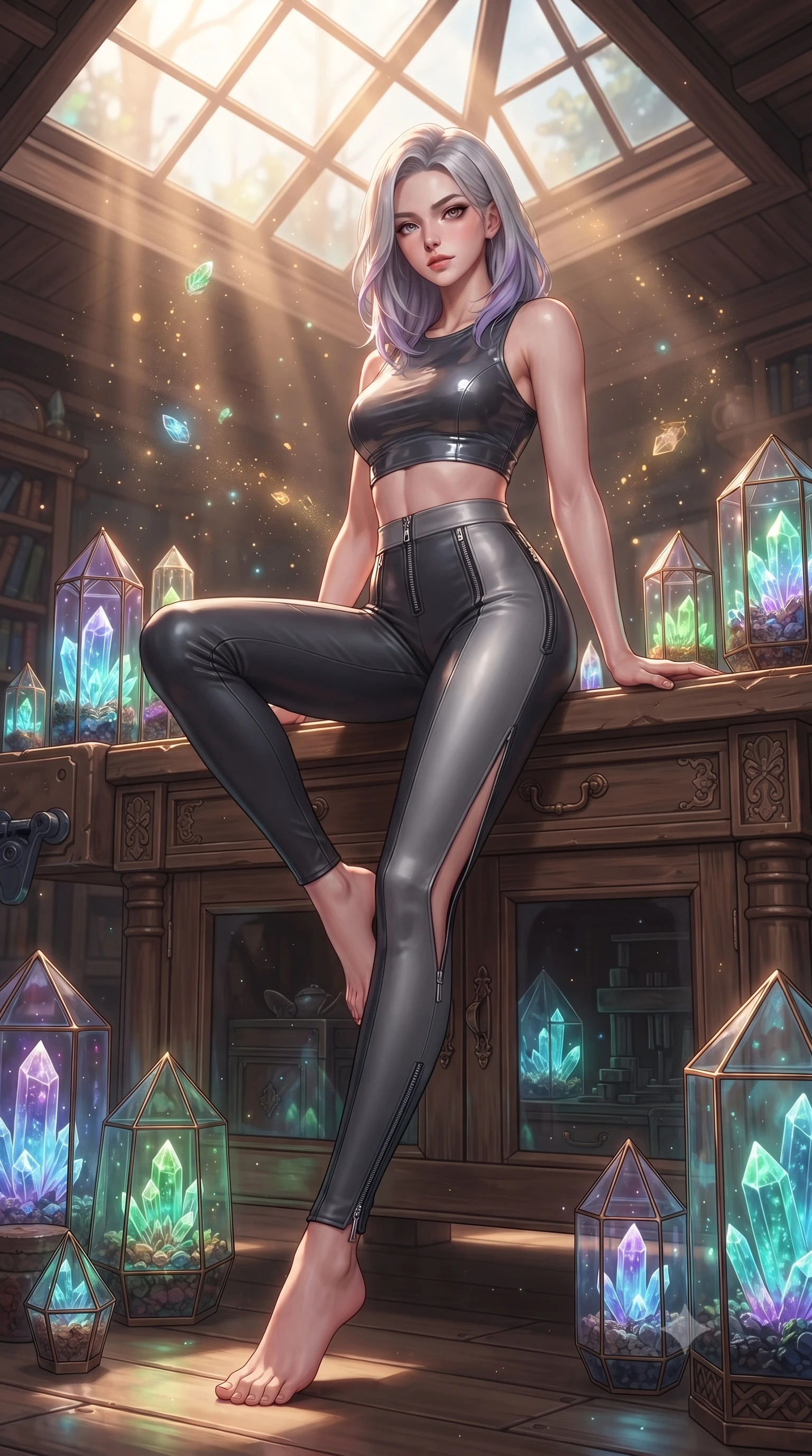score_9, masterpiece, best quality, ultra-detailed, high-budget anime keyframe, editorial fashion photography, tasteful artistic composition, Caucasian woman. low angle full-body shot from head to toe showing her feet, filling the entire 9:16 vertical frame with her statuesque presence, stretching her vertical silhouette. navigating the luminous space with effortless poise, displaying her perfect model proportions resting on an antique wooden workbench surrounded by glowing crystal terrariums, glowing herbal spores drifting in magical sunbeams filtering through glass. She has an absolutely perfect, statuesque 8.5-heads proportion, an exceptionally tall and slender model-like female figure with impossibly long slender legs and an ultra-slim waist. sharp v-shaped jawline, high-bridge nose, intricate jewel-like eyes with depth, thick eyelashes, glossy lips with a natural sheen. wearing a glossy vinyl crop top and high-waist tailored leggings with sleek zippers in charcoal grey and platinum, made of fine carbon-fiber weave and soft matte leather, finished with a sleek side slit ascending to mid-thigh, the glove-like fit emphasizing her statuesque silhouette. surrounded by a cozy, magical atmosphere with rich warm tones. highly saturated vibrant anime colors, detailed shading with soft gradients, rich glossy textures, high-contrast stereoscopic depth, volumetric dynamic lighting, master piece, 9:16 ratio