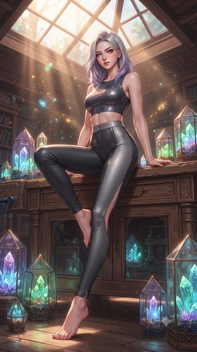 score_9, masterpiece, best quality, ultra-detailed, high-budget anime keyframe, editorial fashion photography, tasteful artistic composition, Caucasian woman. low angle full-body shot from head to toe showing her feet, filling the entire 9:16 vertica
