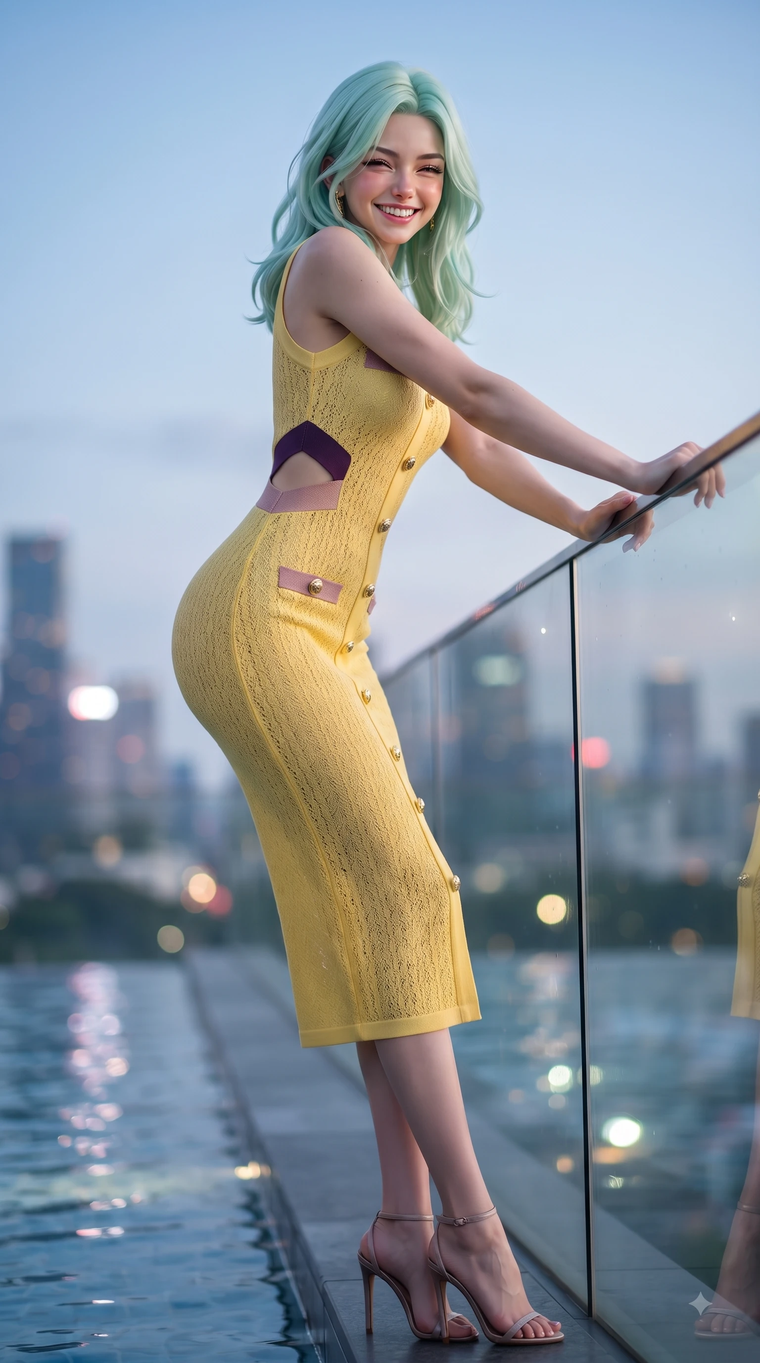 score_9, masterpiece, best quality, ultra-detailed, high-budget anime keyframe, editorial fashion photography, tasteful artistic composition, Japanese woman. low angle full-body shot from head to toe showing her feet, filling the entire 9:16 vertical frame with her statuesque presence, stretching her vertical silhouette. Playful cute grin with eyes crinkling in pure girlhood delight, leaning forward with adorable energy while leaning against a sleek glass railing overlooking a vibrant urban skyline. The composition keeps background elements in soft focus with dreamy bokeh. infinity pool water reflections and glass railings softened in smooth shallow focus. She has an absolutely perfect, statuesque 8.5-heads proportion, an exceptionally tall and slender model-like female figure with impossibly long slender legs and an ultra-slim waist. sharp v-shaped jawline, high-bridge nose, intricate jewel-like eyes with depth, thick eyelashes, glossy lips with a natural sheen, flawlessly proportioned anatomical accuracy, natural body alignment, perfectly sculpted elegant limbs, clean dynamic posture without body distortion. wearing a sleek daffodil yellow sleeveless knit midi dress with subtle side cutouts in deep amethyst purple and rose gold, made of fine lace weave and soft satin jersey, finished with gold metallic hardware buttons along the front, the sleek second-skin fit accentuating her magnetic presence. illuminated by crisp specular highlights from infinity pool reflections and city lights. ultra-reflective glossy finish, specular highlights, metallic sheen, high-contrast stereoscopic depth, volumetric dynamic lighting, 2k, ultra detail, master piece, 9:16 ratio