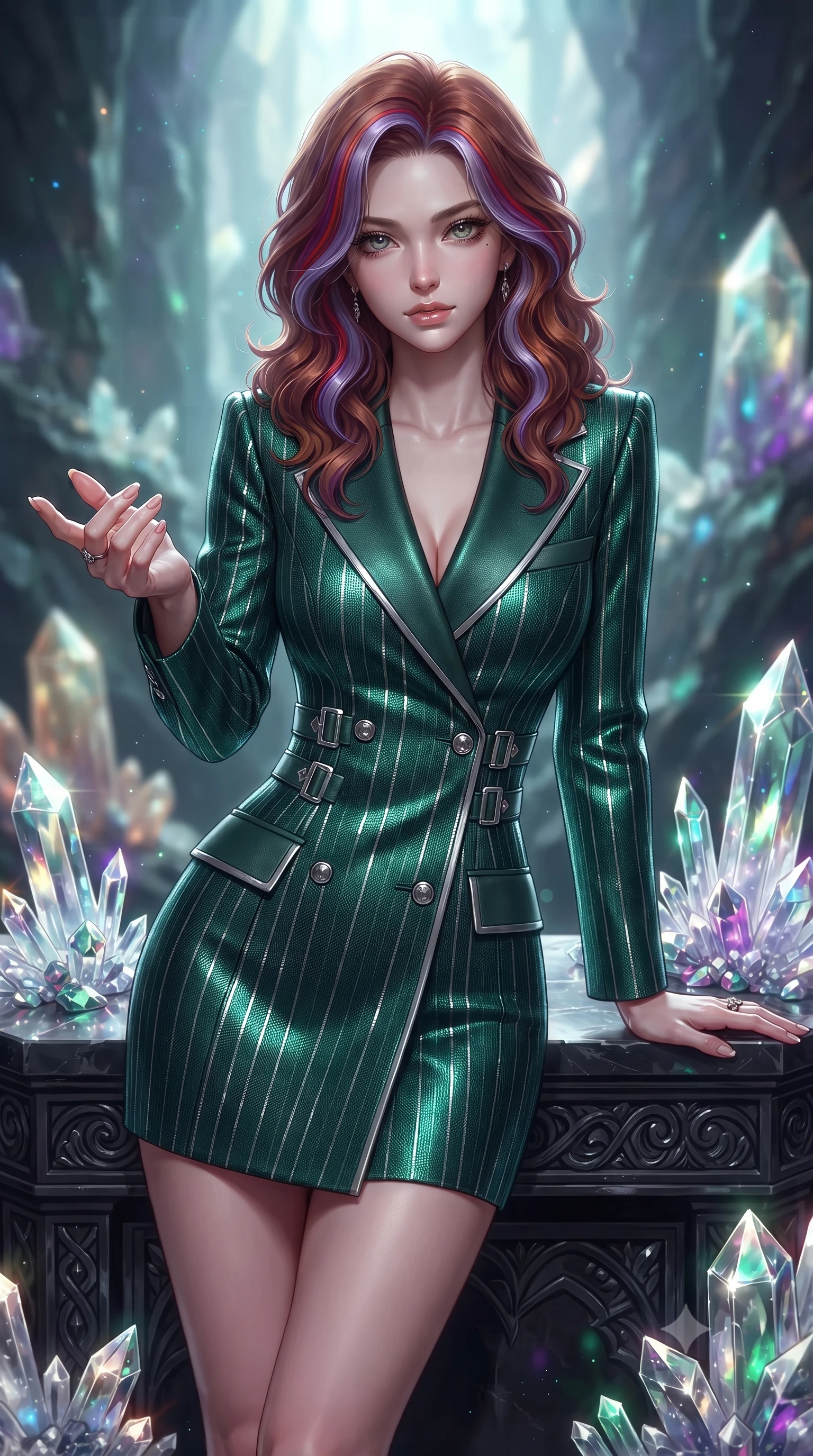 score_9, masterpiece, best quality, ultra-detailed, high-budget anime keyframe, editorial fashion photography, tasteful artistic composition, Caucasian woman. close-up cowboy shot from the waist and thighs up, the character dominates the composition, filling the frame with her large presence, background elements kept in soft focus. Reaching one hand gracefully toward the viewer with effortless superiority and allure resting on a carved obsidian altar surrounded by radiant crystal shards, sharp crystalline reflections creating an opulent, jewel-like ambience. She has an exceptionally elegant, slender, and willowy female figure with an ultra-slim waist, a gracefully sculpted slender torso, and a refined silhouette. sharp v-shaped jawline, high-bridge nose, intricate jewel-like eyes with depth, thick eyelashes, glossy lips with a natural sheen. wearing a double-breasted blazer dress with metallic pin-stripes in deep emerald green and silver accent, made of fine carbon-fiber weave and soft matte leather, detailed with polished silver buckles along the waistline, the form-contouring material highlighting her ultra-slim waist and long lines. surrounded by a cool jewel-toned luminescence with bright specular rim lights. ultra-reflective glossy finish, specular highlights, metallic sheen, high-contrast stereoscopic depth, volumetric dynamic lighting, 2k, ultra detail, master piece, 9:16 ratio