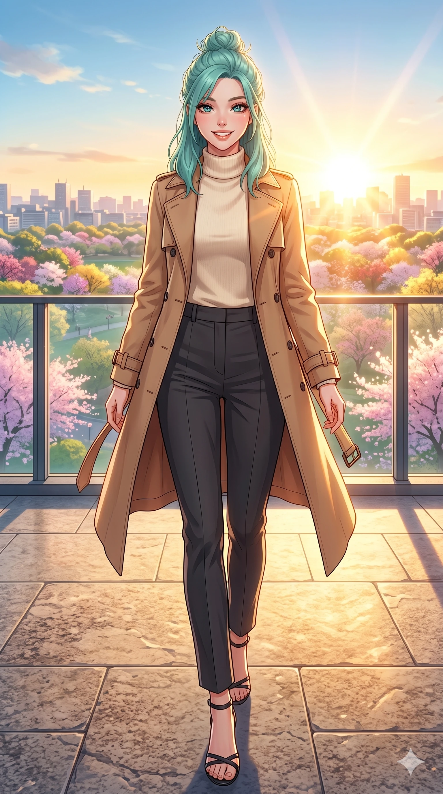 score_9, masterpiece, best quality, ultra-detailed, high-budget anime keyframe, vibrant anime aesthetic, Japanese woman. low angle full-body shot from head to toe showing her feet, filling the entire 9:16 vertical frame with her statuesque presence, stretching her vertical silhouette. She is standing in a cheerful pose, smiling brightly at the camera with sparkling eyes inside a sun-drenched penthouse terrace overlooking a blooming city park at sunrise (Code-P20-001). She has an absolutely perfect 8-heads proportion, an exceptionally tall and slender female figure with impossibly long slender legs and an ultra-slim waist. V-shaped jawline, high-bridge nose, intricate jewel-like eyes with depth, thick eyelashes, glossy lips with a natural sheen. wearing a classic trench coat over a high-neck cashmere sweater and tailored trousers. She is bathed in brilliant, warm morning sunbeams creating sharp highlights on her form. 2k, ultra detail, master piece, 9:16 ratio