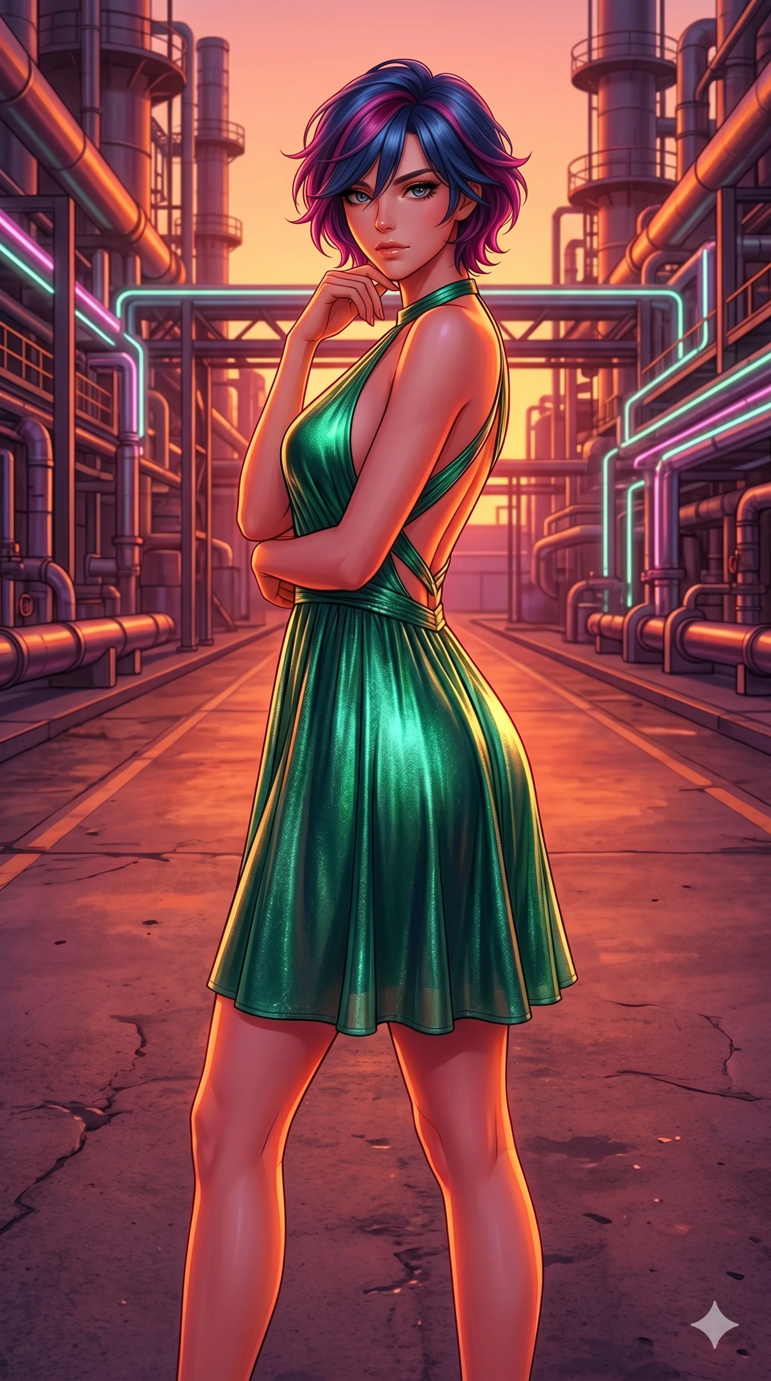 score_9, masterpiece, best quality, ultra-detailed, high-budget anime keyframe, editorial fashion photography, tasteful artistic composition, Korean woman. cowboy shot from the thighs up, character and outfit filling the frame for maximum editorial presence. Resting her chin on the backs of her fingers with a confident, self-assured gaze on a concrete path leading through an industrial complex with glowing neon pipelines. She has an absolutely perfect 8-heads proportion, an exceptionally tall and slender female figure with impossibly long slender legs and an ultra-slim waist. V-shaped jawline, high-bridge nose, intricate jewel-like eyes with depth, thick eyelashes, glossy lips with a natural sheen. wearing a metallic emerald green halter dress with an open back and a fluid skirt that falls mid-thigh. drenched in a warm sunset glow with deep orange and magenta tones wrapping her statuesque figure. 2k, ultra detail, master piece, 9:16 ratio