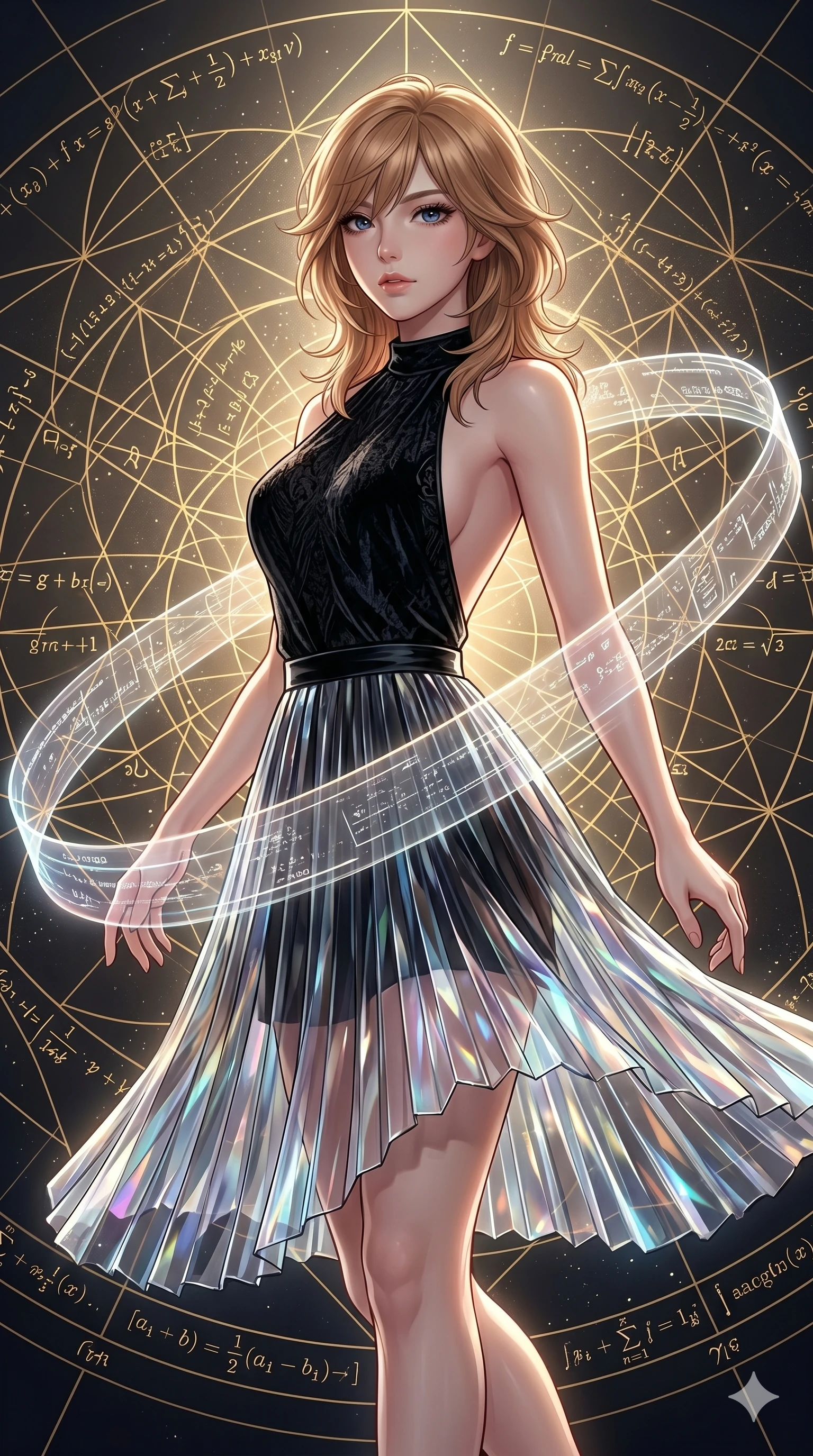 score_9, masterpiece, best quality, ultra-detailed, high-budget anime keyframe, editorial fashion photography, tasteful artistic composition, Korean woman. upper body close-up from the thighs up, character filling the screen for maximum presence. balancing carefully on in a mathematical mandala void filled with golden geometric lines of complex formulas as floating holographic data ribbons swirl in a graceful orbit. She has an absolutely perfect 8-heads proportion, an exceptionally tall and slender female figure with impossibly long slender legs and an ultra-slim waist. V-shaped jawline, high-bridge nose, intricate jewel-like eyes with depth, thick eyelashes, glossy lips with a natural sheen.. wearing a fractal glass pleated skirt and a open-back black velvet halter neck top, creating a dramatic and elegant silhouette. illuminated by dramatic chiaroscuro casting soft shadows along her curves, with vibrant backlighting highlighting the dust particles. 2k, ultra detail, master piece, 9:16 ratio