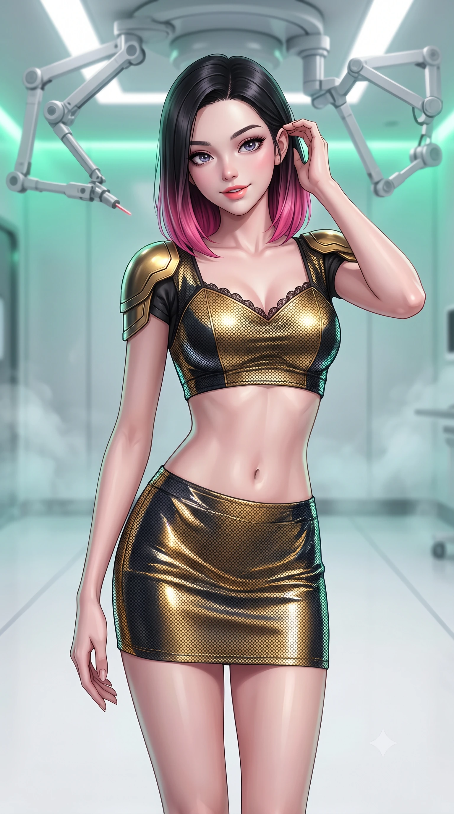 score_9, masterpiece, best quality, ultra-detailed, high-budget anime keyframe, semi-realistic 3D game render, editorial fashion photography, tasteful artistic composition, Korean woman. close-up cowboy shot from the waist and thighs up, the character dominates the composition, filling the frame with her large presence. gently brushing a lock of hair behind her ear while casting a playful, flirtatious side-gaze with long eyelashes while standing poised on the seamless white resin floor of the high-end cyber-clinic, arching her lower back with sovereign diva presence as articulated surgical laser arms hover overhead. The background shows a soft-focus sterile clinical micro-vapor softened in luxury cyber-clinic penthouse shallow focus. She has an exceptionally elegant, slender, and willowy female figure with an ultra-slim waist, flat toned midriff, narrow ribcage, and sculpted feminine hips creating an alluring, slim hourglass silhouette without bulk. sharp v-shaped jawline, high-bridge nose, intricate jewel-like sparkling eyes with depth, thick eyelashes, glossy parted lips with a natural peach sheen, bright cheerful beaming smile with an enchanting and coquettish sensual glint, exuding both youthful cute charm and seductive allure, flawlessly proportioned anatomical accuracy, strict slender model proportions, natural body alignment, perfectly sculpted long slender limbs, ultra-slim waistline, clean dynamic posture without body distortion. wearing an ultra-cropped tactical tech-wear bandeau top with molded shoulder armor paired with a micro mini skirt revealing her flat toned midriff in solar-wind gold and deep space void black, crafted from stretch micro-mesh with liquid foil coating that shimmers with every movement, finished with scalloped eyelash lace trim framing her sweetheart neckline with intimate elegance, the liquid-tight tailored fabric clinging flawlessly to her narrow waist and rounded feminine hips, emphasizing every millimeter of her sculpted slim hourglass curves without any bulky heaviness. bathed in pristine 6000K clinical white light combined with soft emerald holographic ambient glow. highly saturated vibrant anime colors, detailed shading with soft gradients, rich glossy textures, high-contrast stereoscopic depth, volumetric dynamic lighting, master piece, 9:16 ratio