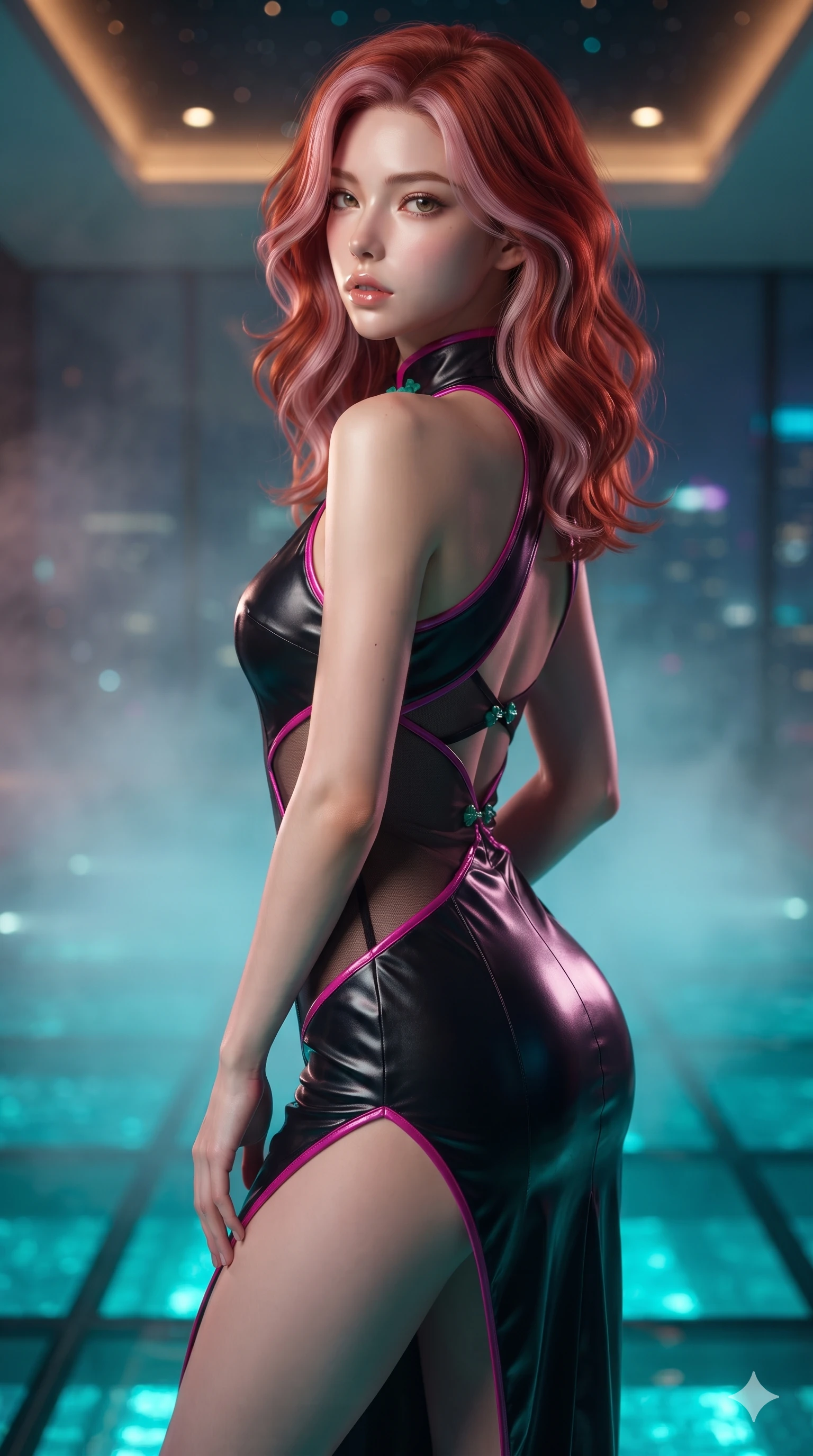 score_9, masterpiece, best quality, ultra-detailed, high-budget anime keyframe, editorial fashion photography, tasteful artistic composition, Caucasian woman. close-up cowboy shot from the waist and thighs up, the character dominates the composition, filling the frame with her large presence. posing in an alluring rear three-quarter angle, looking over a bare shoulder with parted glossy lips, her hips cocked back to highlight her slim hourglass curve while twisting her slender torso in an alluring S-curve, turquoise underwater lights and city skyline glows painting sharp highlights along her narrow waist and curvy hips. The background shows a soft-focus fine pool spray haze softened in cantilevered glass pool shallow focus. She has an exceptionally elegant, slender, and willowy female figure with an ultra-slim waist, flat toned midriff, narrow ribcage, and sculpted feminine hips creating an alluring, slim hourglass silhouette without bulk. sharp v-shaped jawline, high-bridge nose, intricate jewel-like sparkling eyes with depth, thick eyelashes, glossy parted lips with a natural sheen, intensely captivating and seductive bedroom-eyes expression, exuding both youthful cute charm and sovereign luxury allure, flawlessly proportioned anatomical accuracy, strict slender model proportions, natural body alignment, perfectly sculpted long slender limbs, ultra-slim waistline, clean dynamic posture without body distortion. wearing a wet-look silk fusion wrap dress with asymmetrical sheer mesh cutouts and high Mandarin collar in black lacquer and vibrant magenta neon, woven from buttery-soft stretch lambskin leather adhering to her body like a second skin, finished with sleek jade frog closures glinting along her high collar, the glove-like clinging cut tightly following the natural contour of her hips and long slender legs with youthful 8.5-heads elegance. bathed in the vibrant underwater turquoise illumination filtering through the glass floor mixed with warm overhead starlight. ultra-reflective glossy finish, specular highlights, rich textural contrasts, high-contrast stereoscopic depth, volumetric dynamic lighting, 2k, ultra detail, master piece, 9:16 ratio